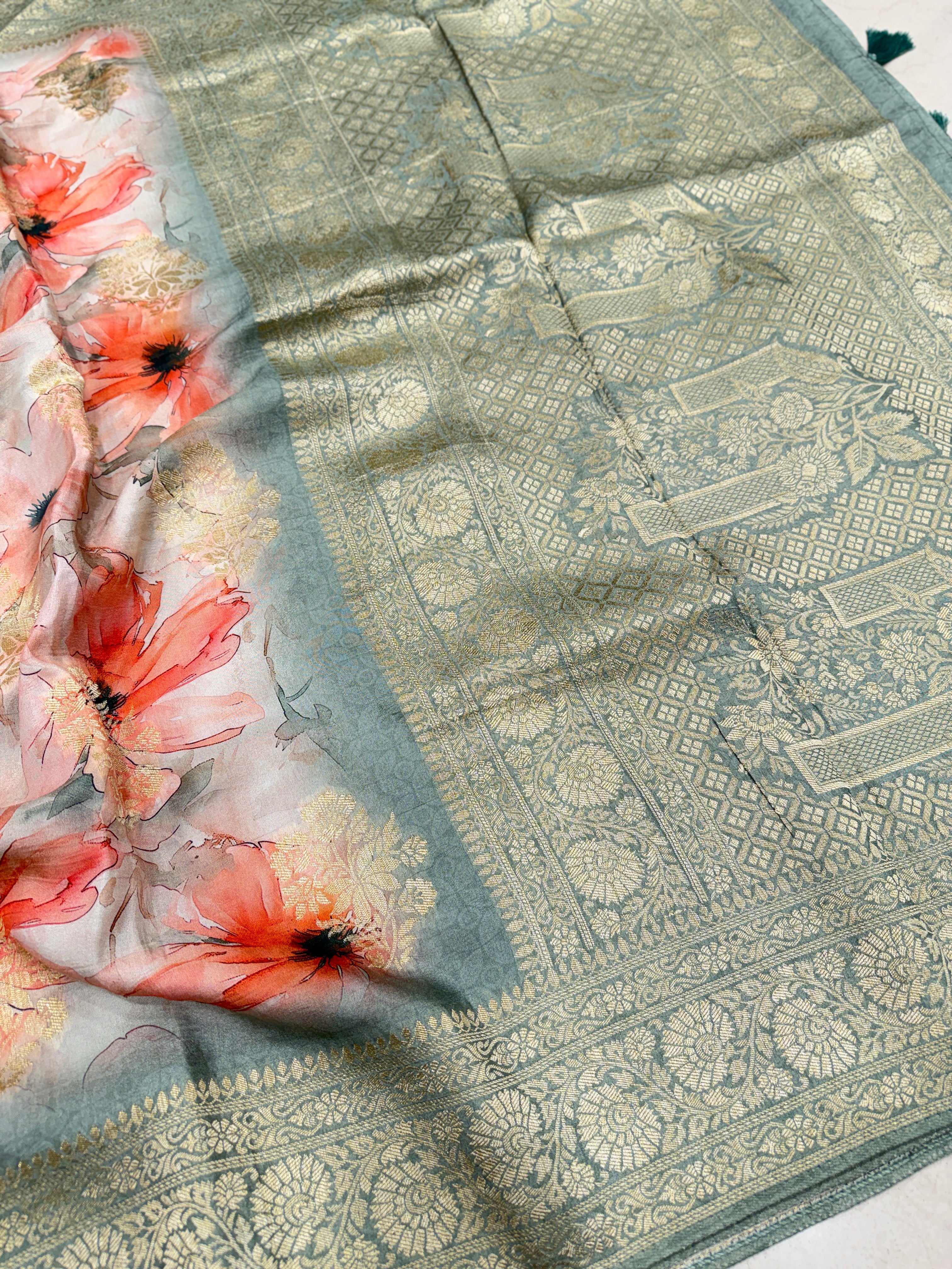 Soft Grey Floral Multi Colour Print Munga Soft Silk Saree