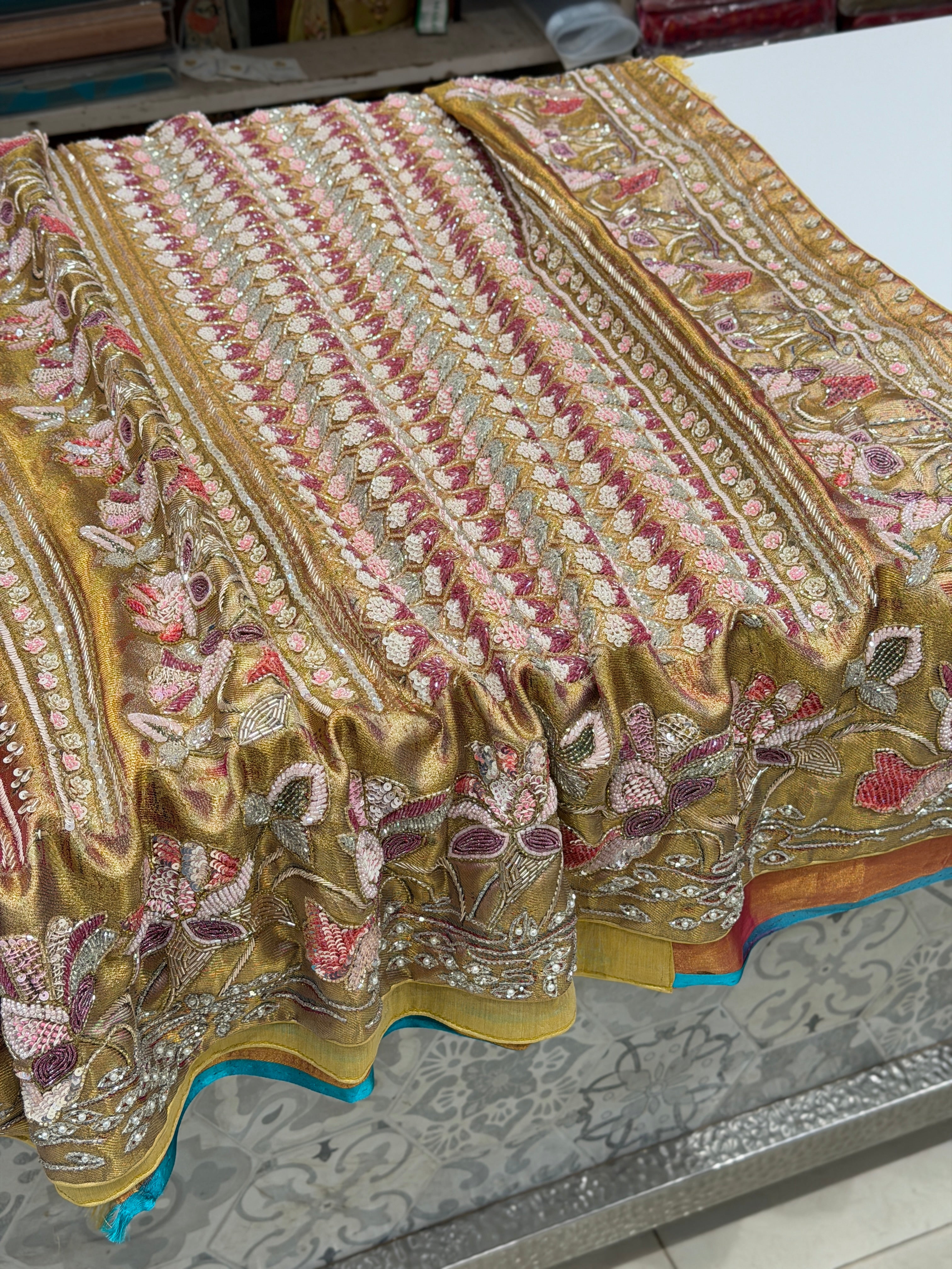 Contemporary Tissue Kanjivaram Moti Zardosi Hand Embroidery Saree