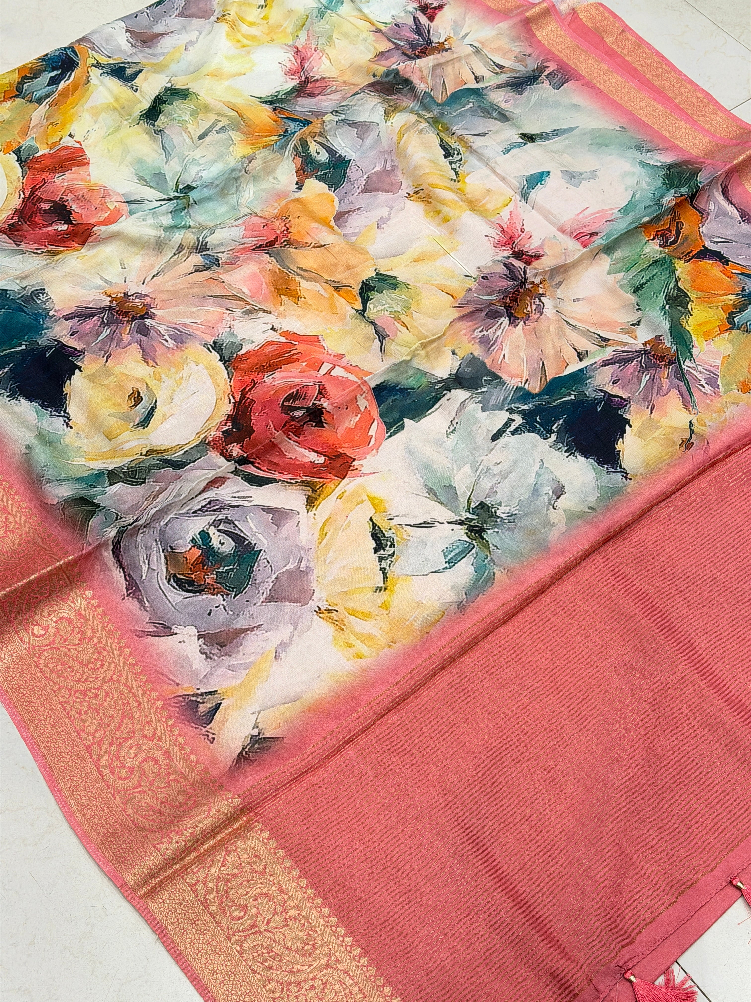 Abstract Multi Colour Print Munga Soft Silk Saree