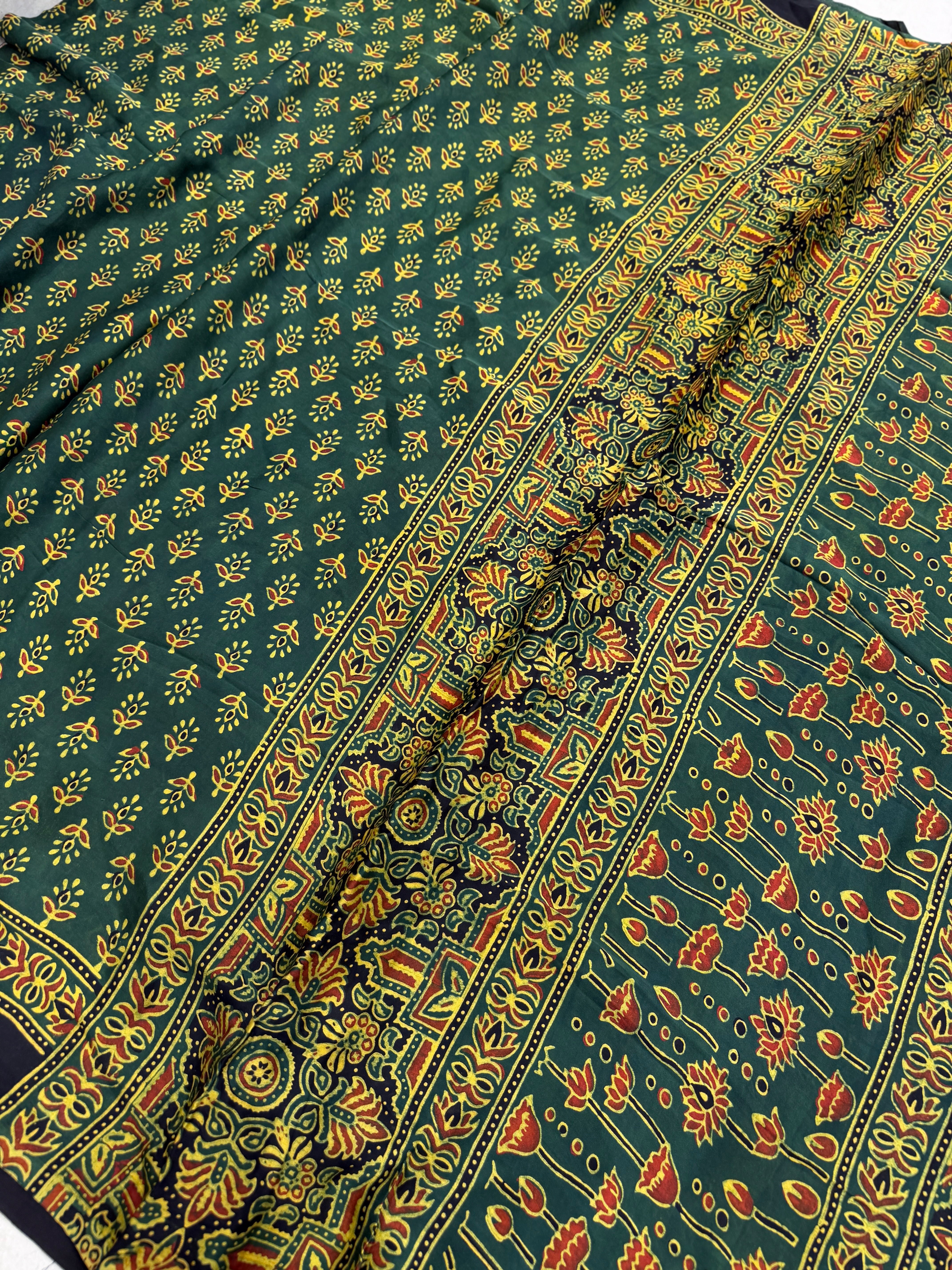 Bottle Green Buttis Ajrakh Hand Block Print Pure Gajji Silk Saree
