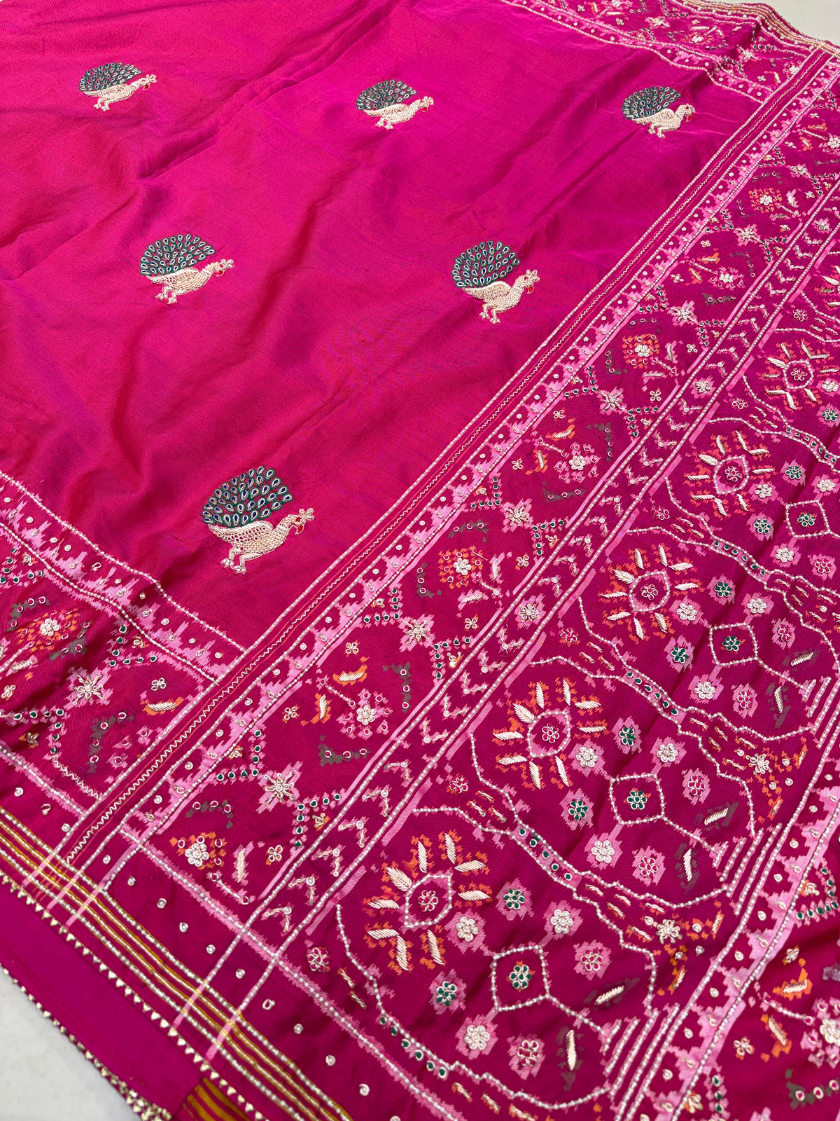 Rani Pink Peacock Motif Patan Patola Hand Embroidery Zardosi Saree