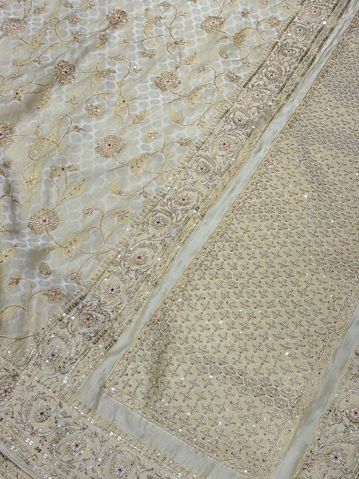 Beige Banarasi Crepe Tissue Zardodi Jaal Hand Embroidery Saree