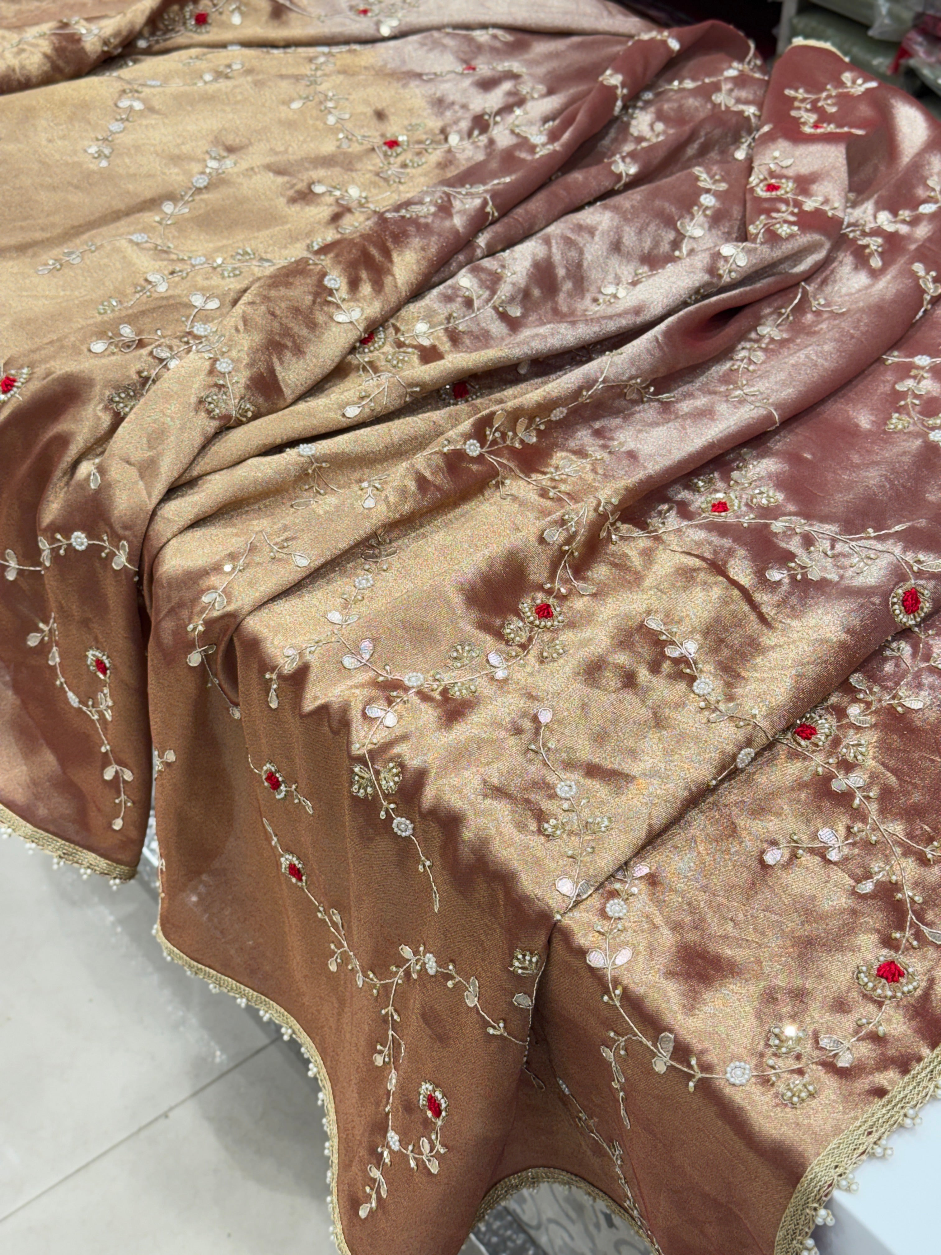 Red Tissue Zardosi Gota Resham Hand Embroidery Jaal Saree