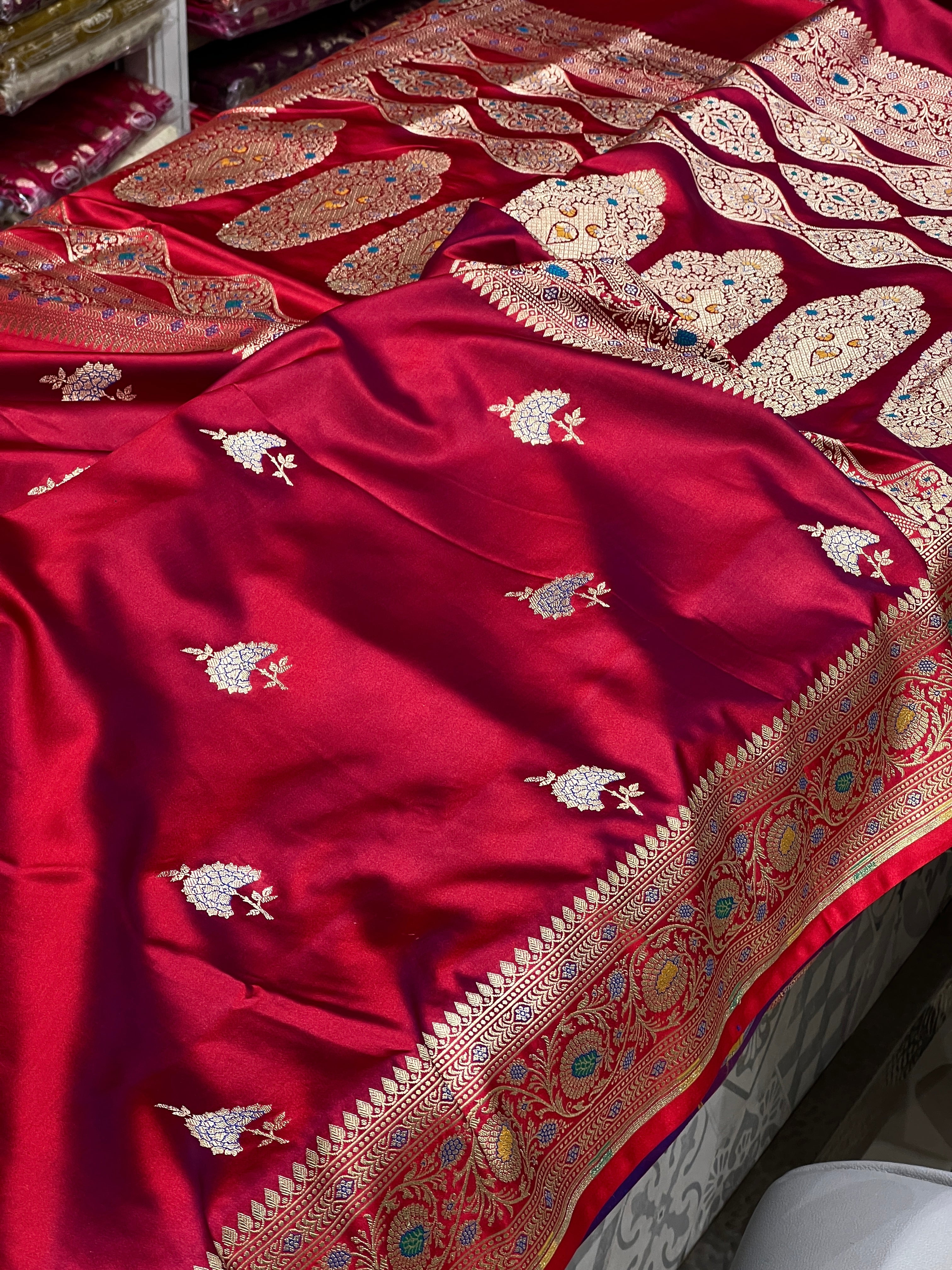 Dark Crimson Red Banarasi Silk Meenakari Saree