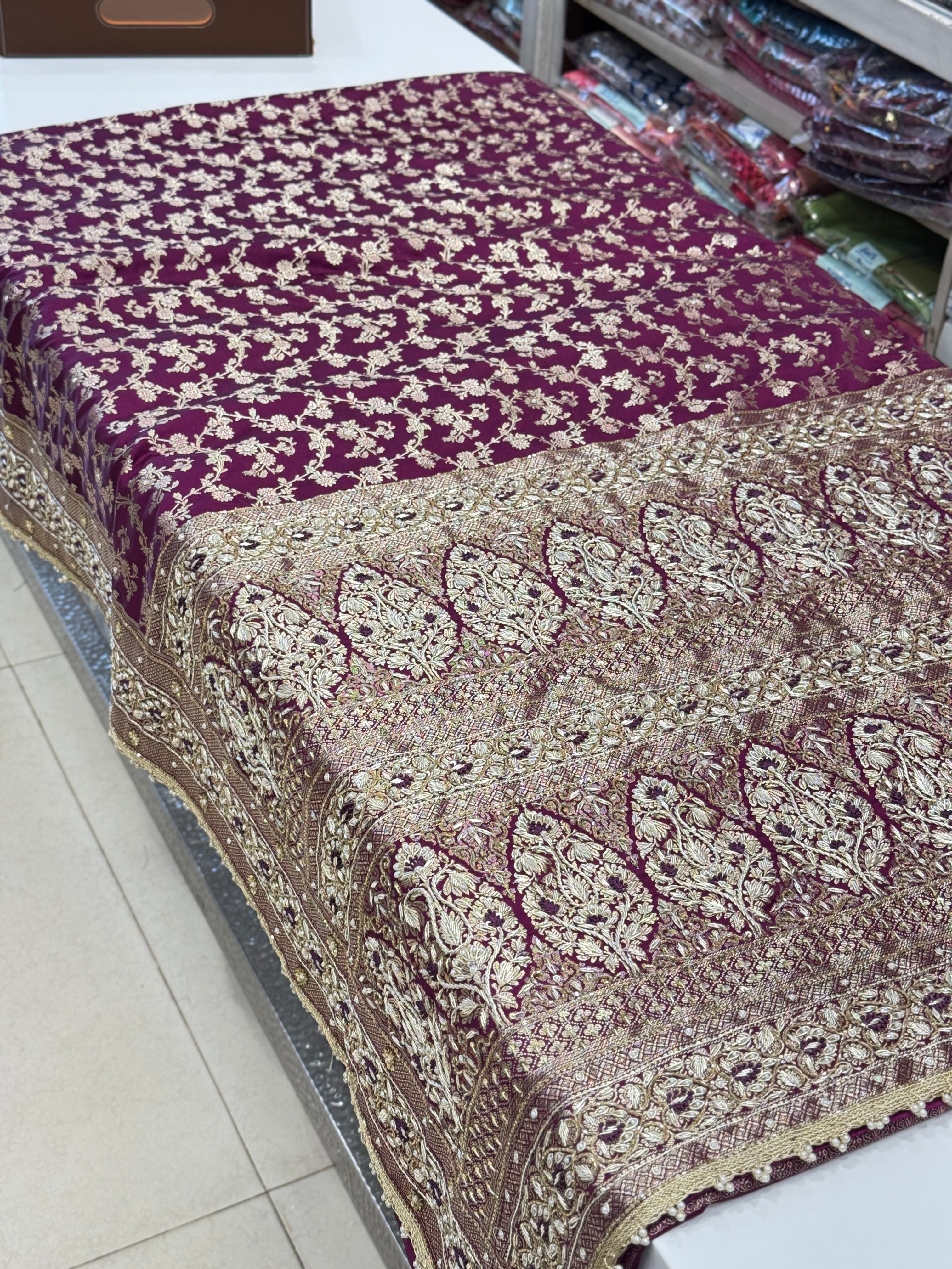 Wine Banarasi Zardosi Resham Embroidery Saree