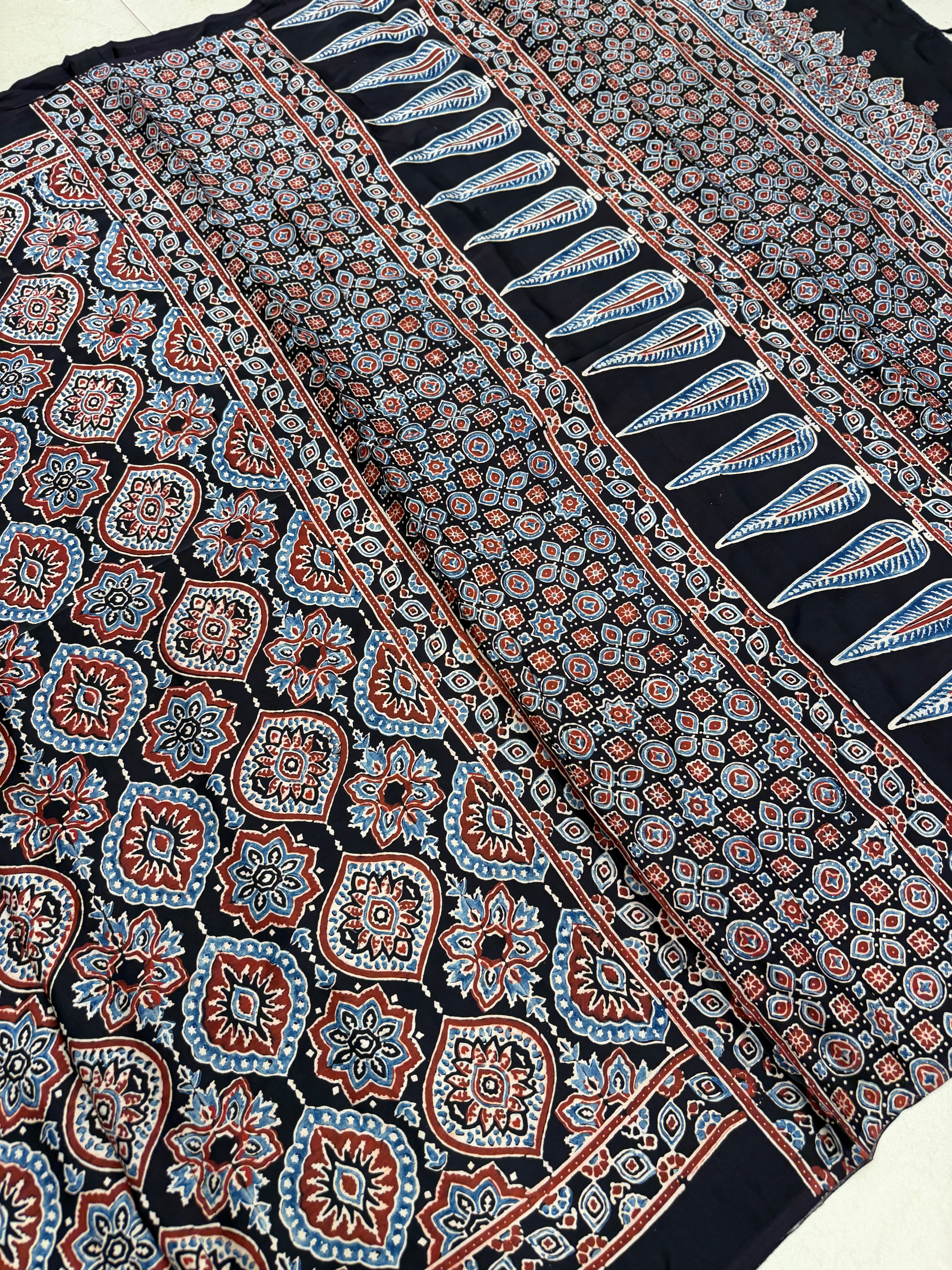 Black Badam Ajrakh Hand Block Print Pure Gajji Silk Saree
