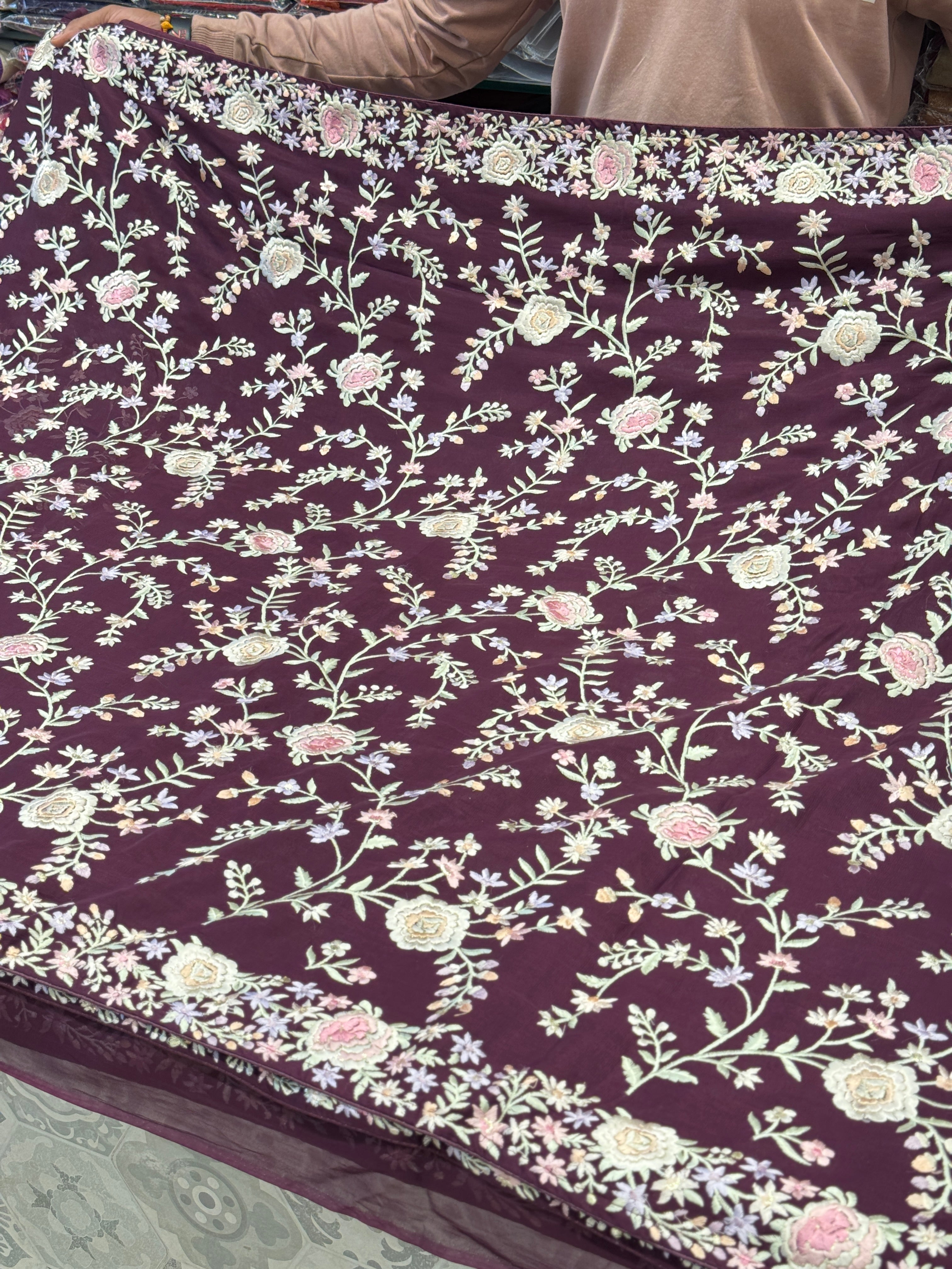 Wine Floral Parsi Gara Jaal Saree