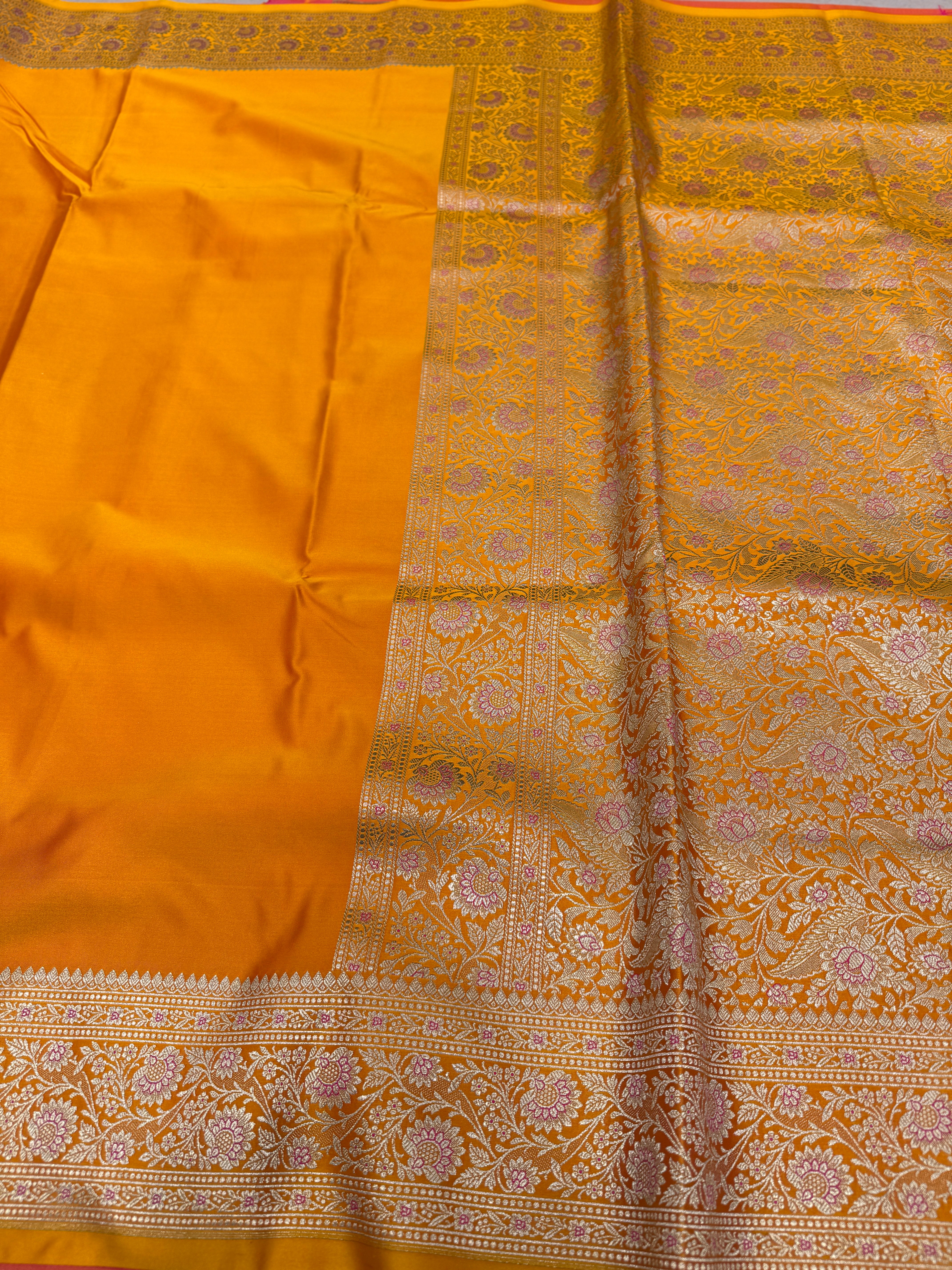 Mango Yellow Banarasi Plain Upside Down Border Saree