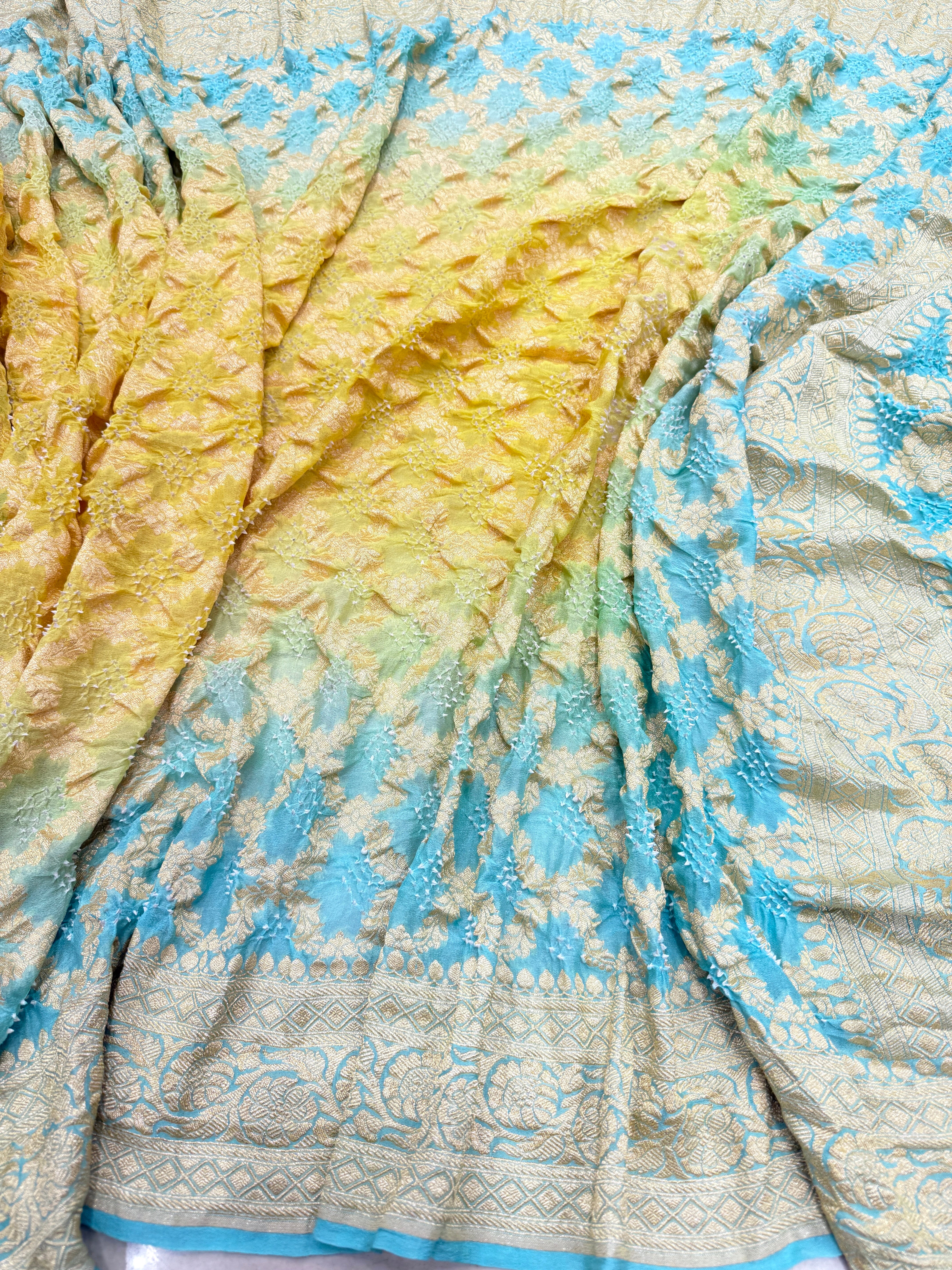 Light Blue Yellow Shaded Bandhej Bandhini Saree