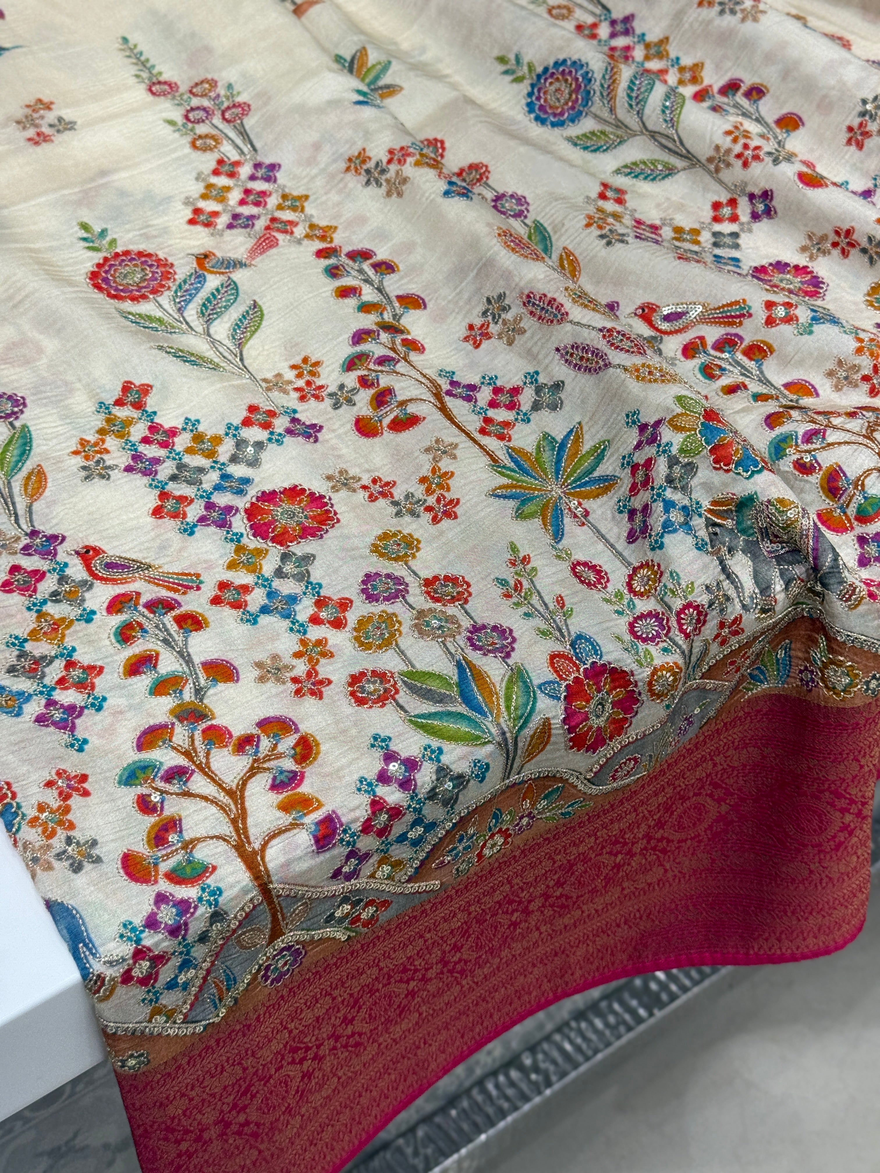 Beige Banarasi Munga With Pita Embroidery