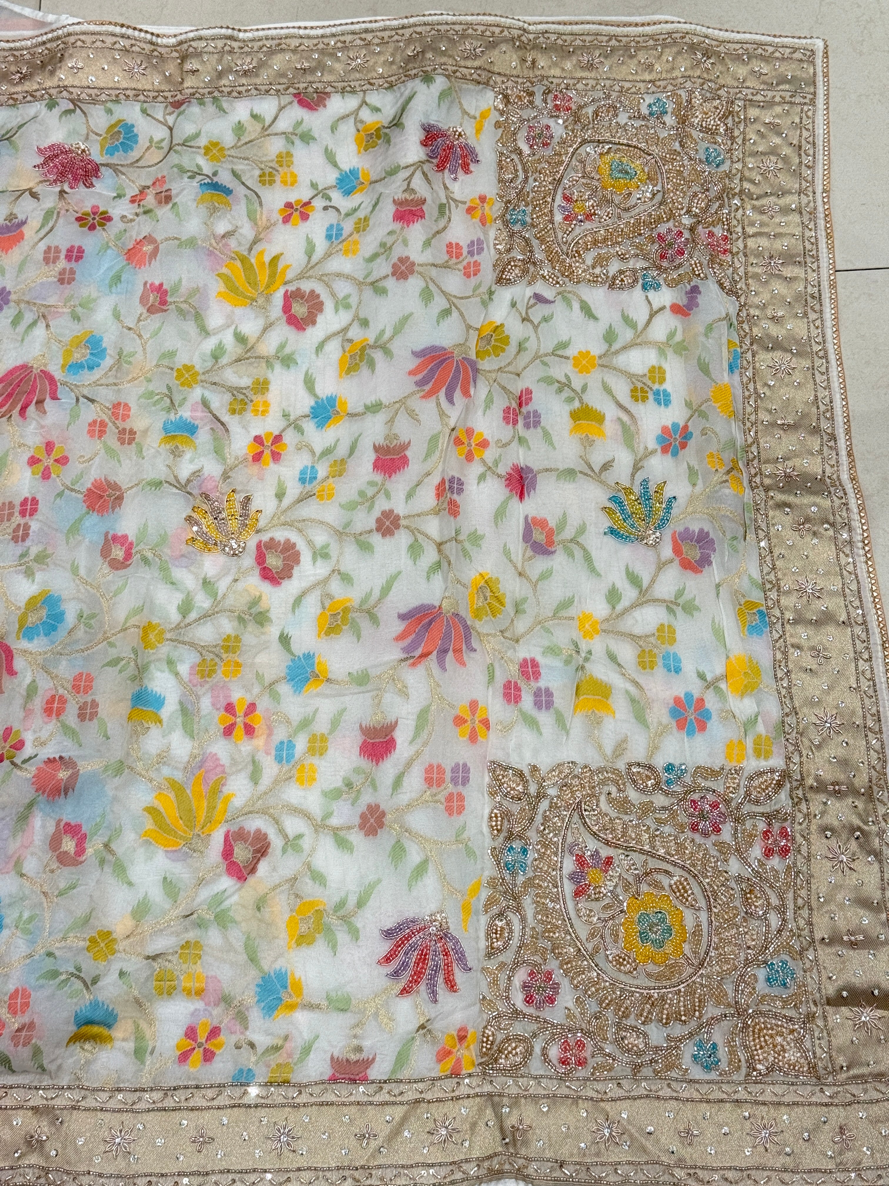 White Meenakari Banarasi Kora Sequin Zardosi Hand Embroidery Saree