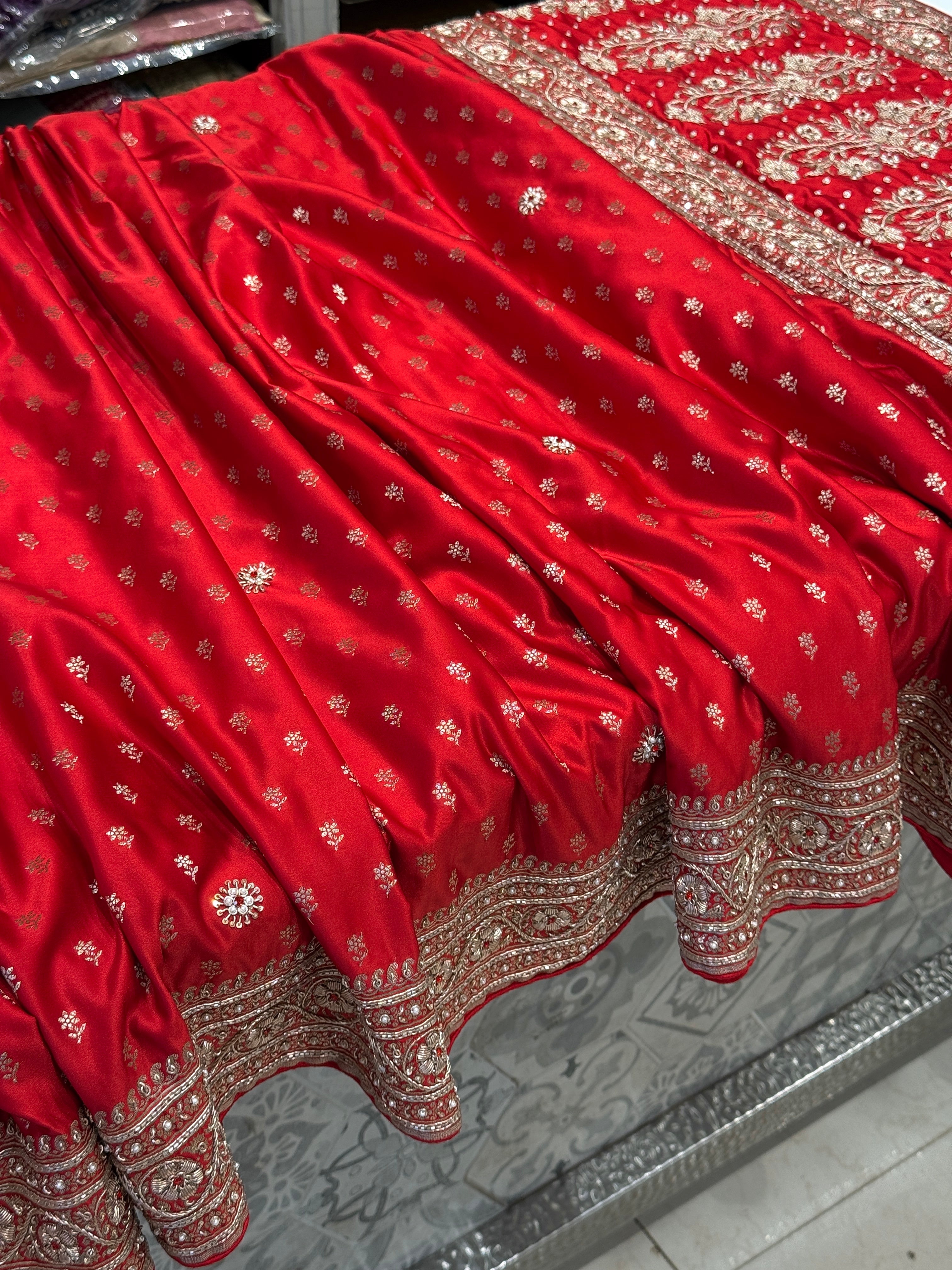 Red Banarasi Silk Small Butti Crystal Zardozi Hand Embroidery Saree