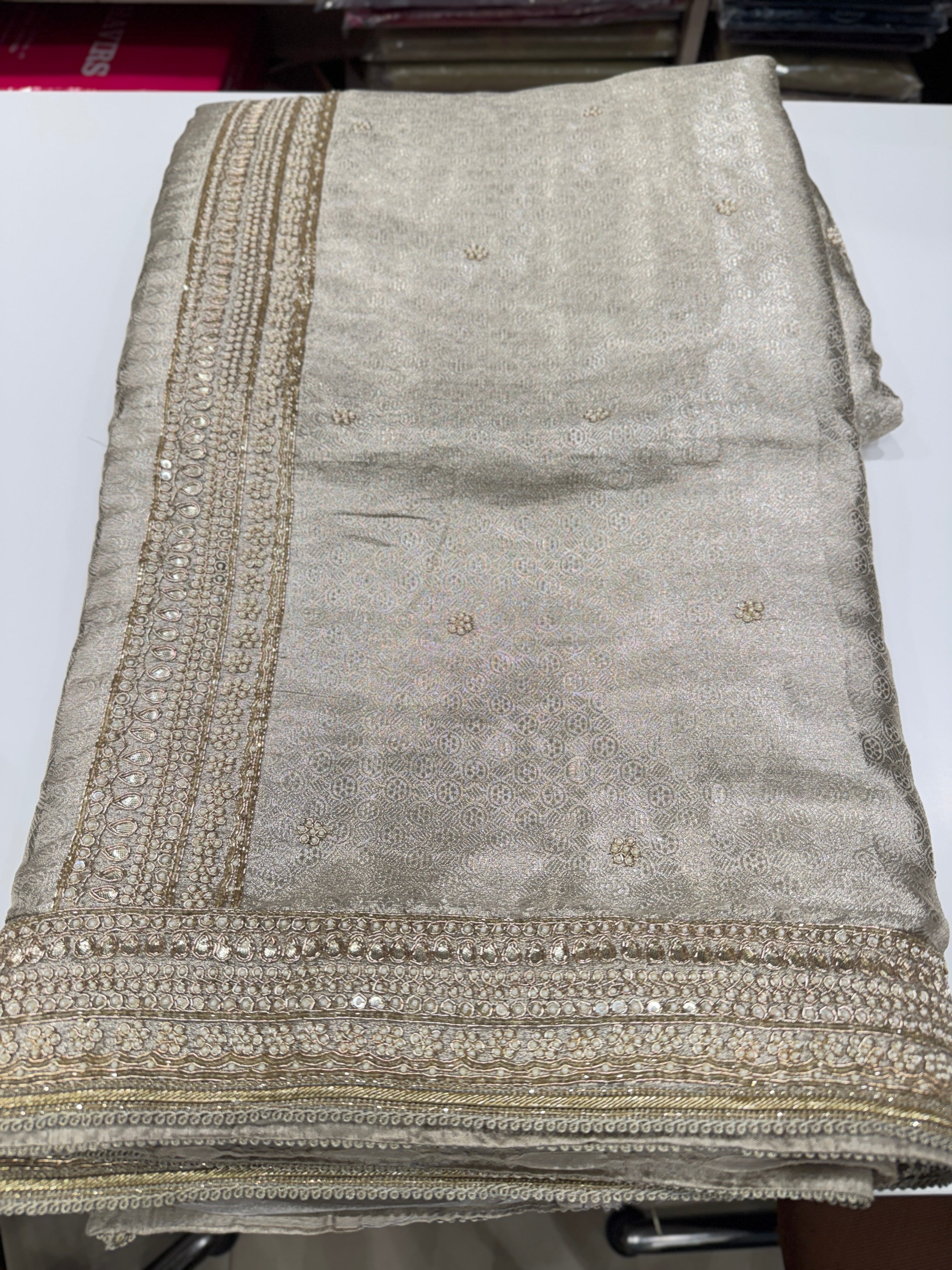 Silver Tissue Kanjivaram Moti Hand Embroidery Saree