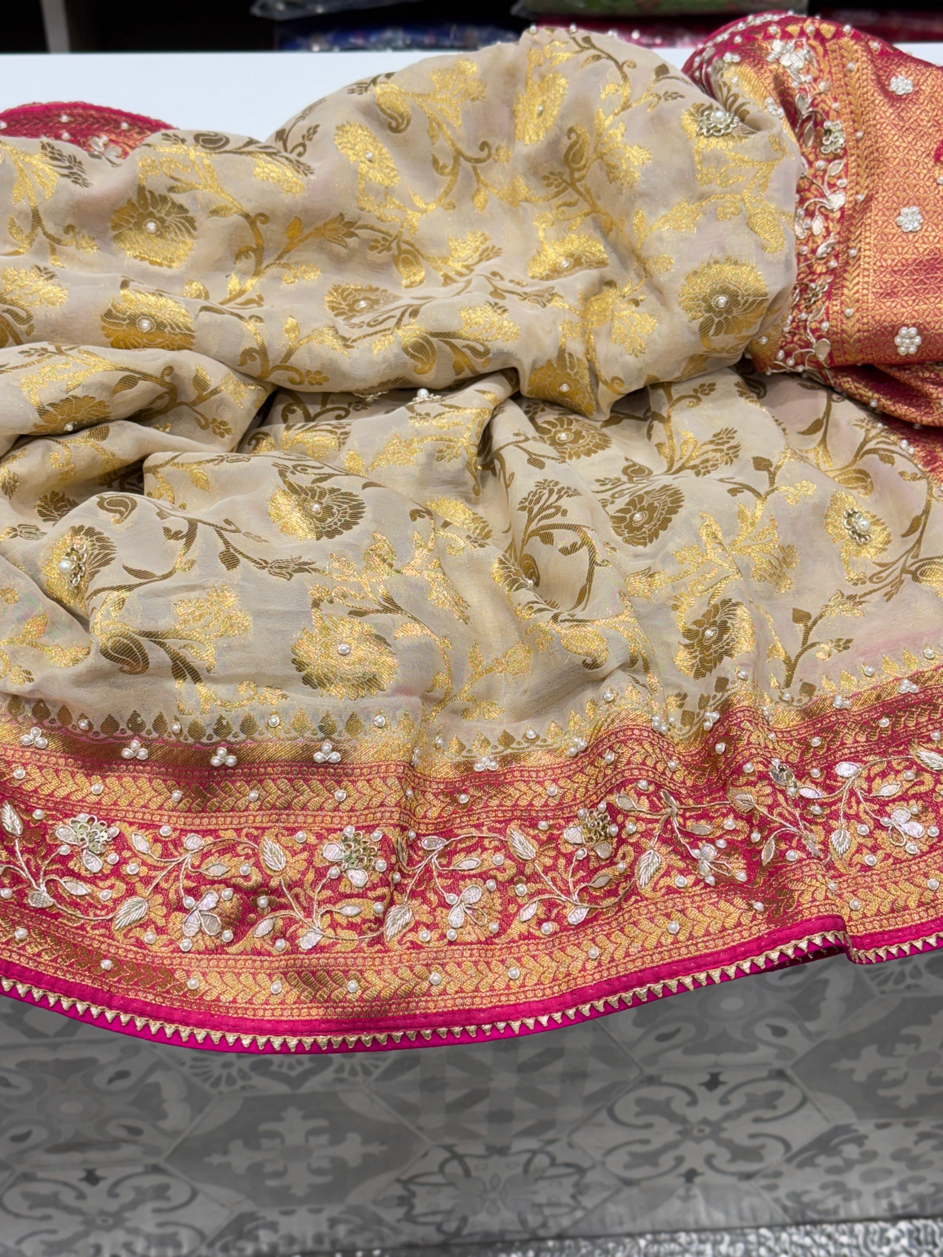 Beige Rani Banarasi Khaddi Georgette Baghban Jaal Zardosi Embroidery Saree