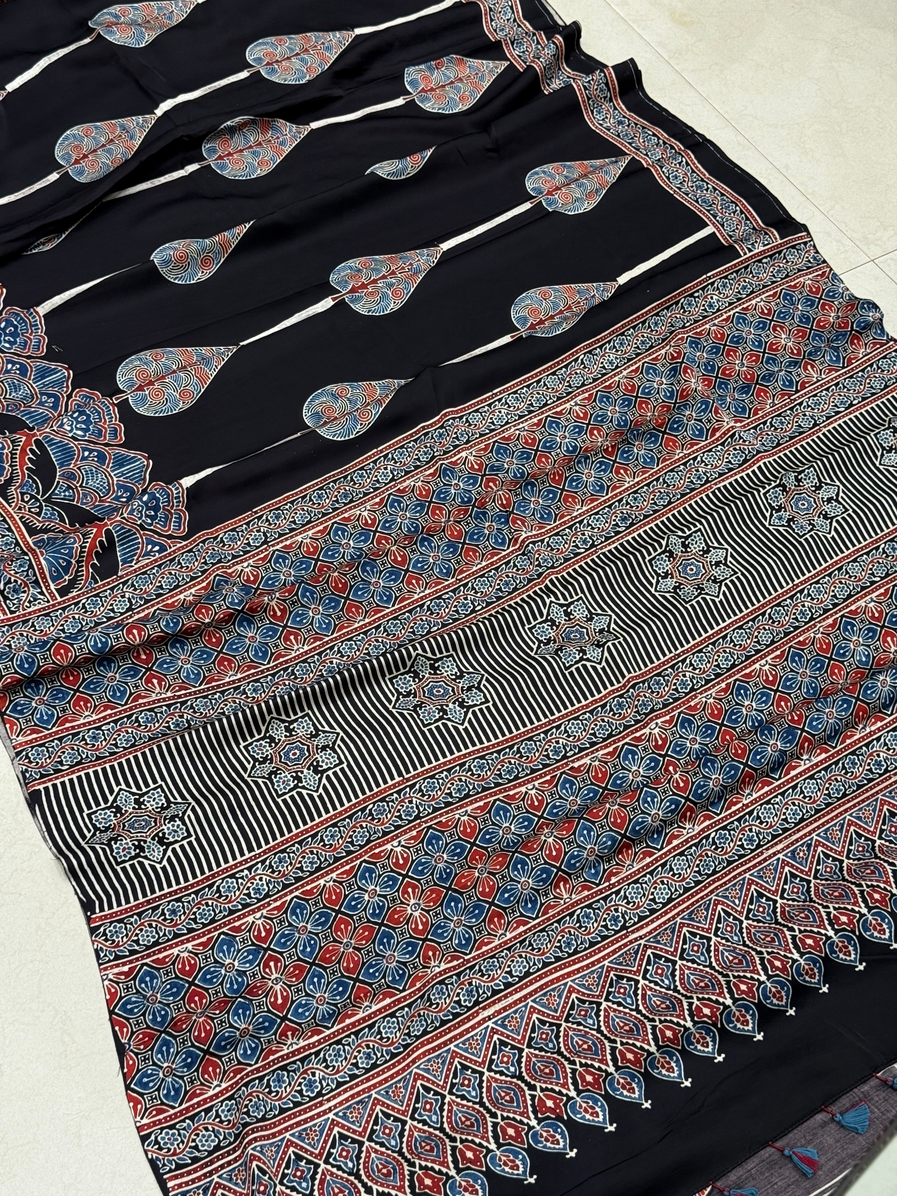 Black Roses Butta Contemporary Modal Gajji Silk Ajrakh Saree