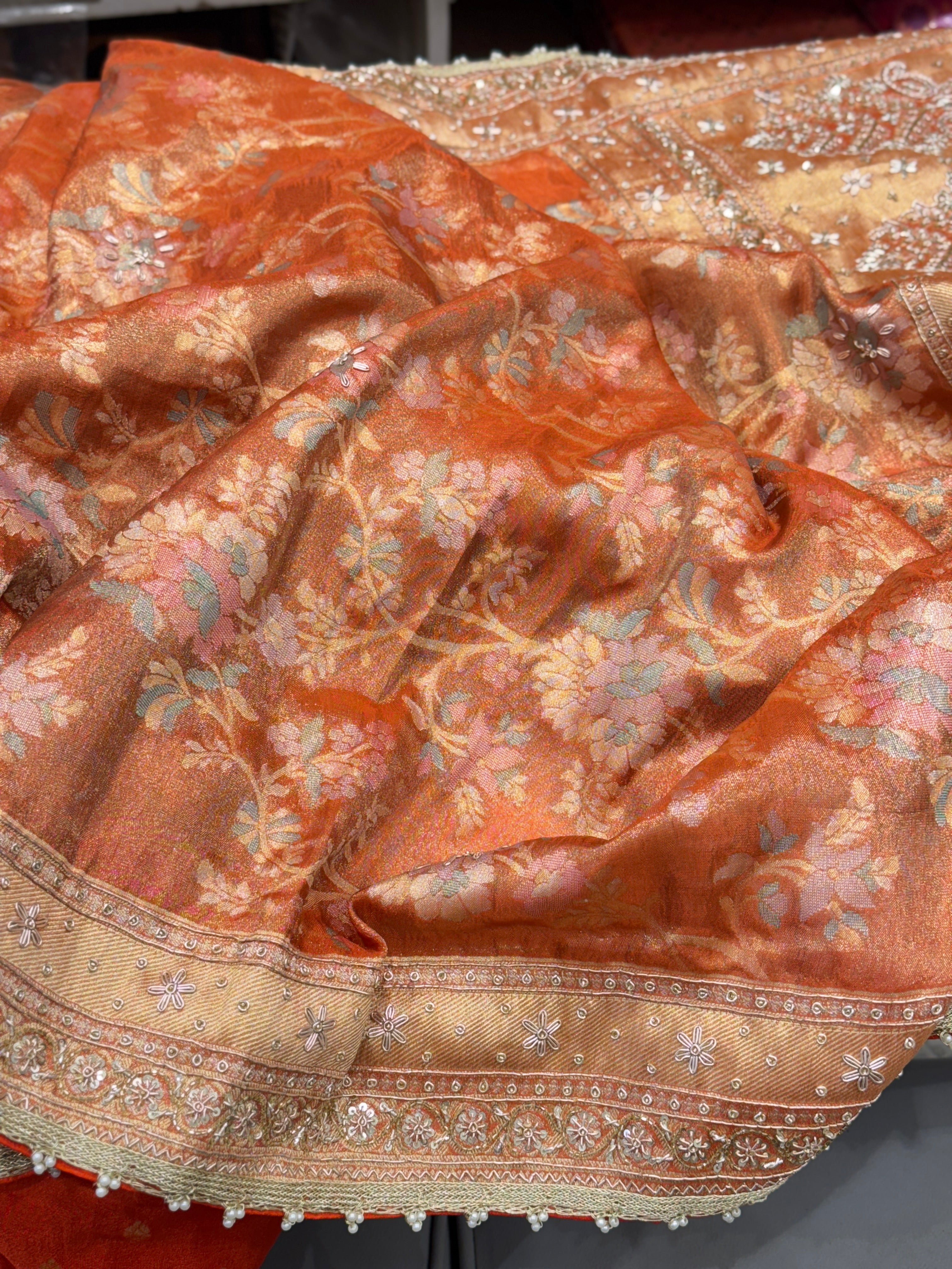 Rust Orange Meenakari Tissue Zardosi Embroidery Saree