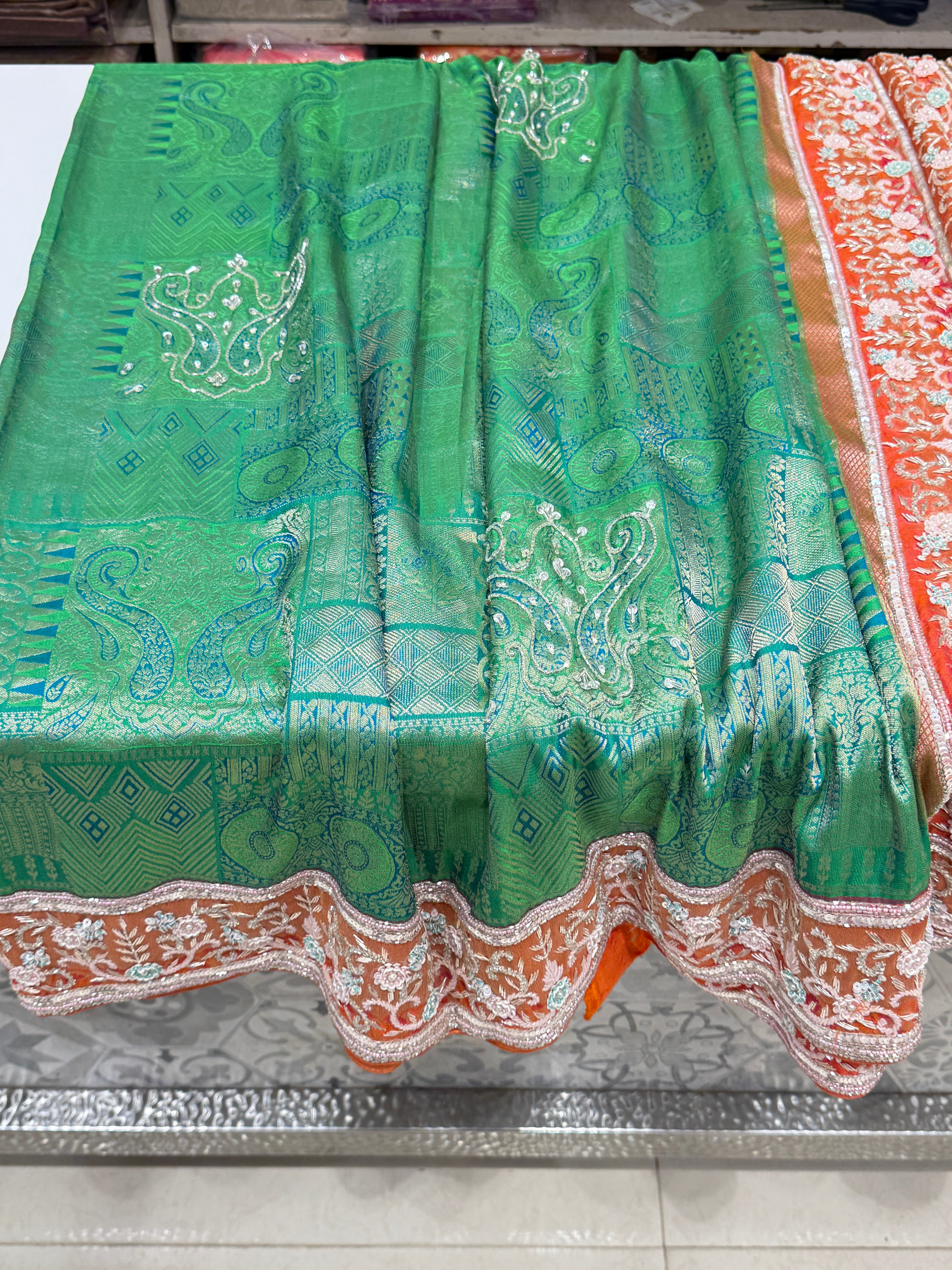 Green Orange Handloom Kanjivaram Hand Embroidery Saree