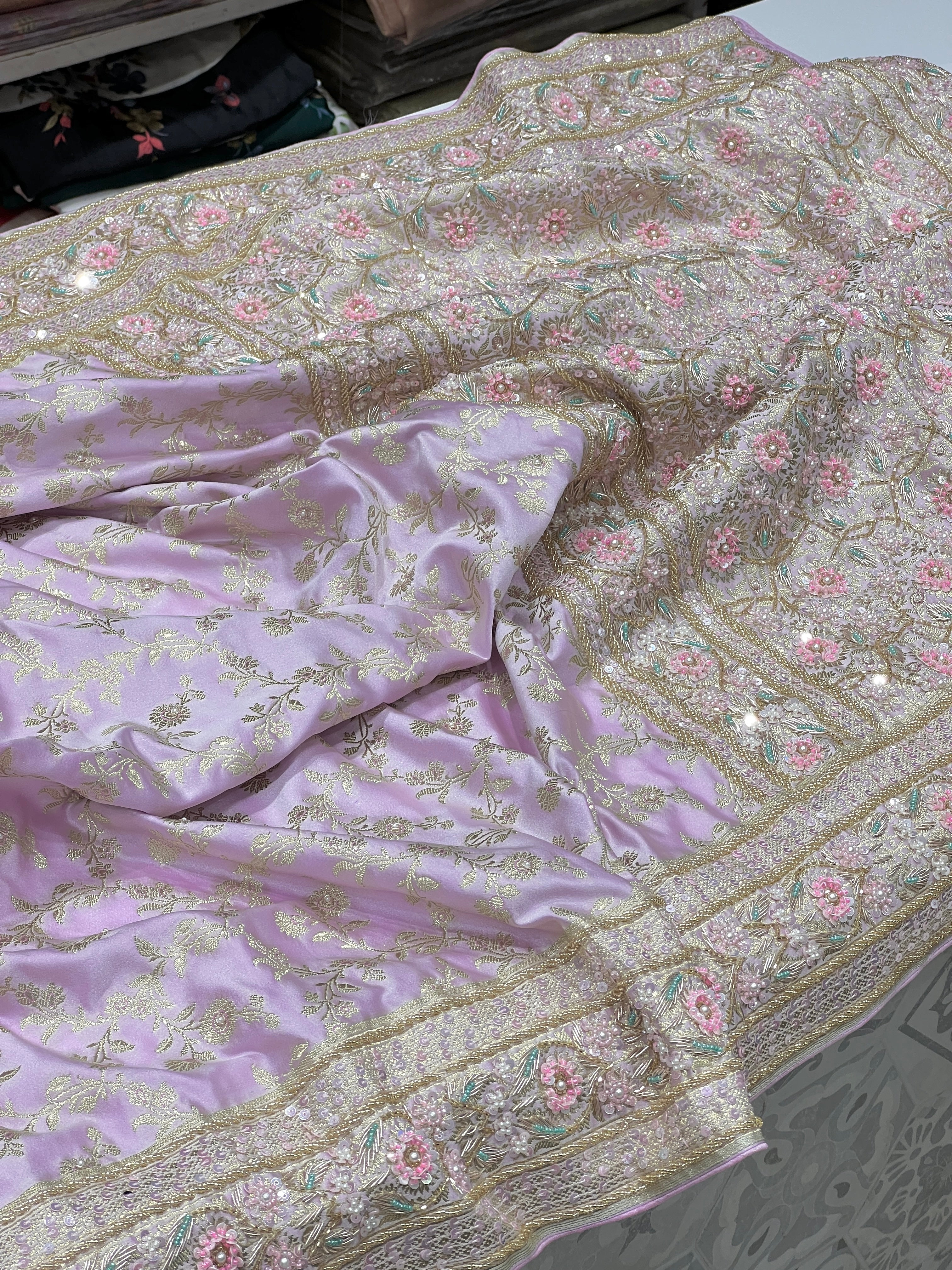 Lilac Banarasi Flower Border Fancy Hand Embroidery Saree