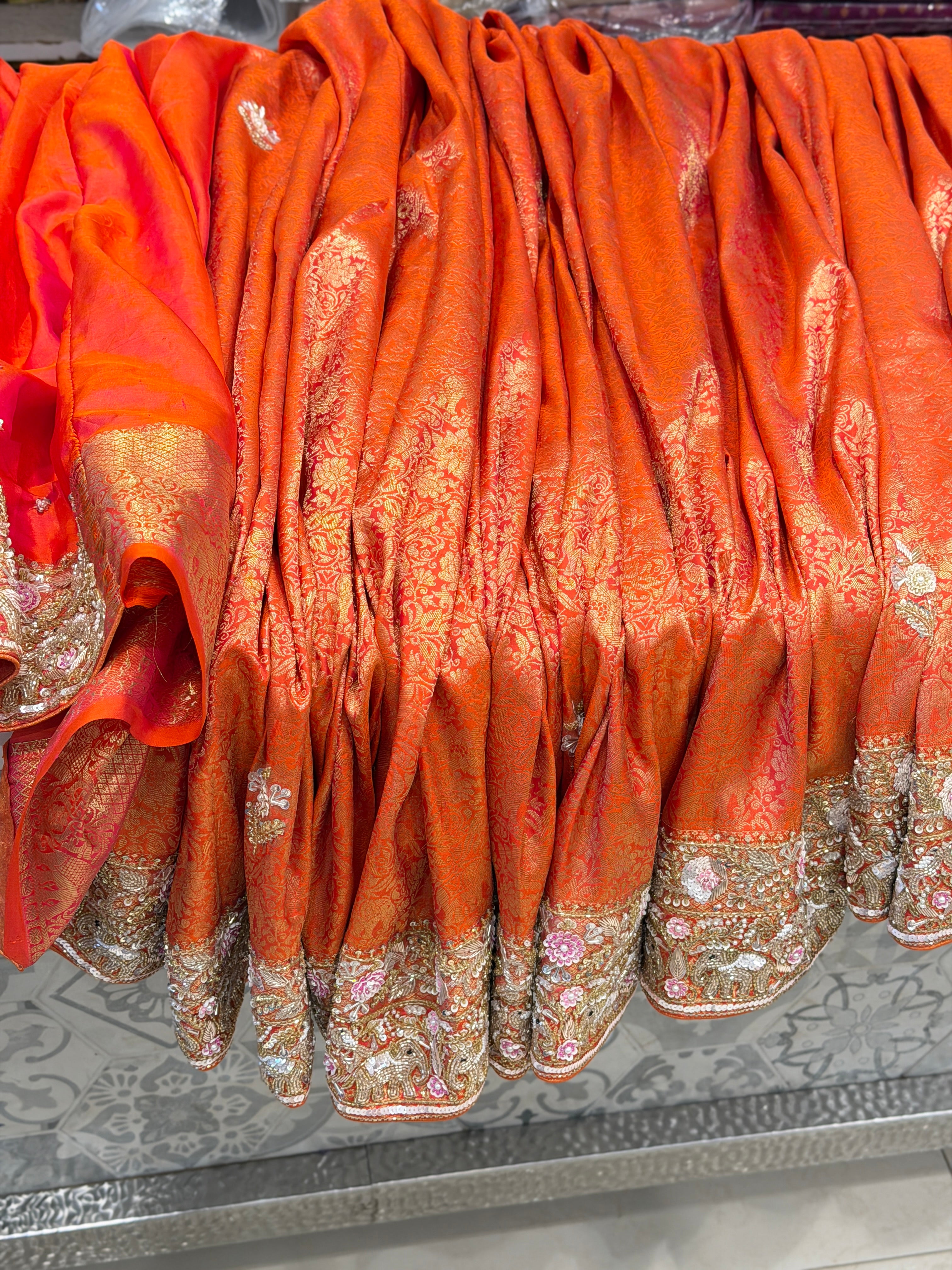 Orange Kanjivaram Elephant Motif Zardosi Moti Hand Embroidery Saree