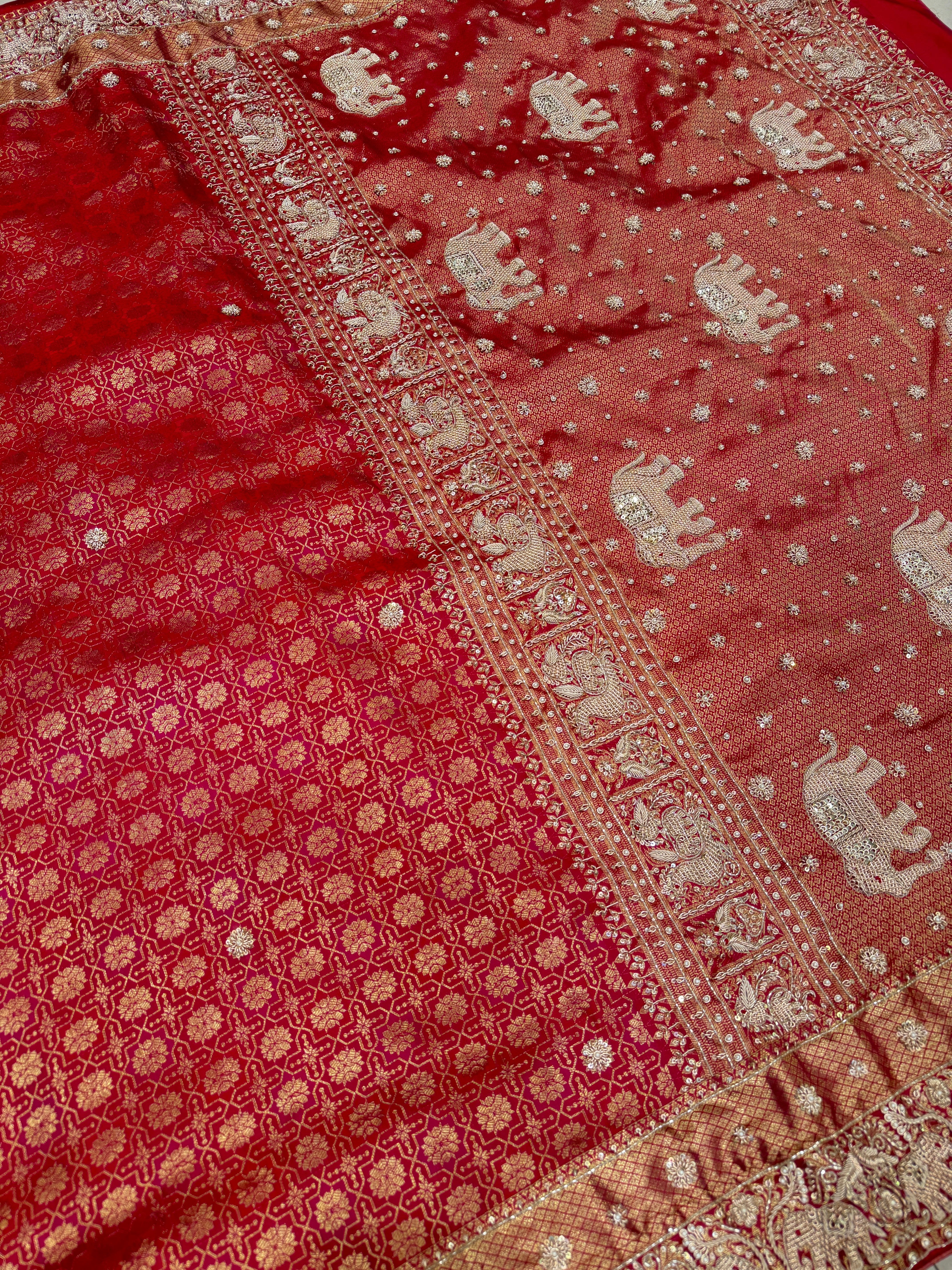 Crimson Kanjivaram Elephant Motifs Zardosi Hand Embroidery Saree