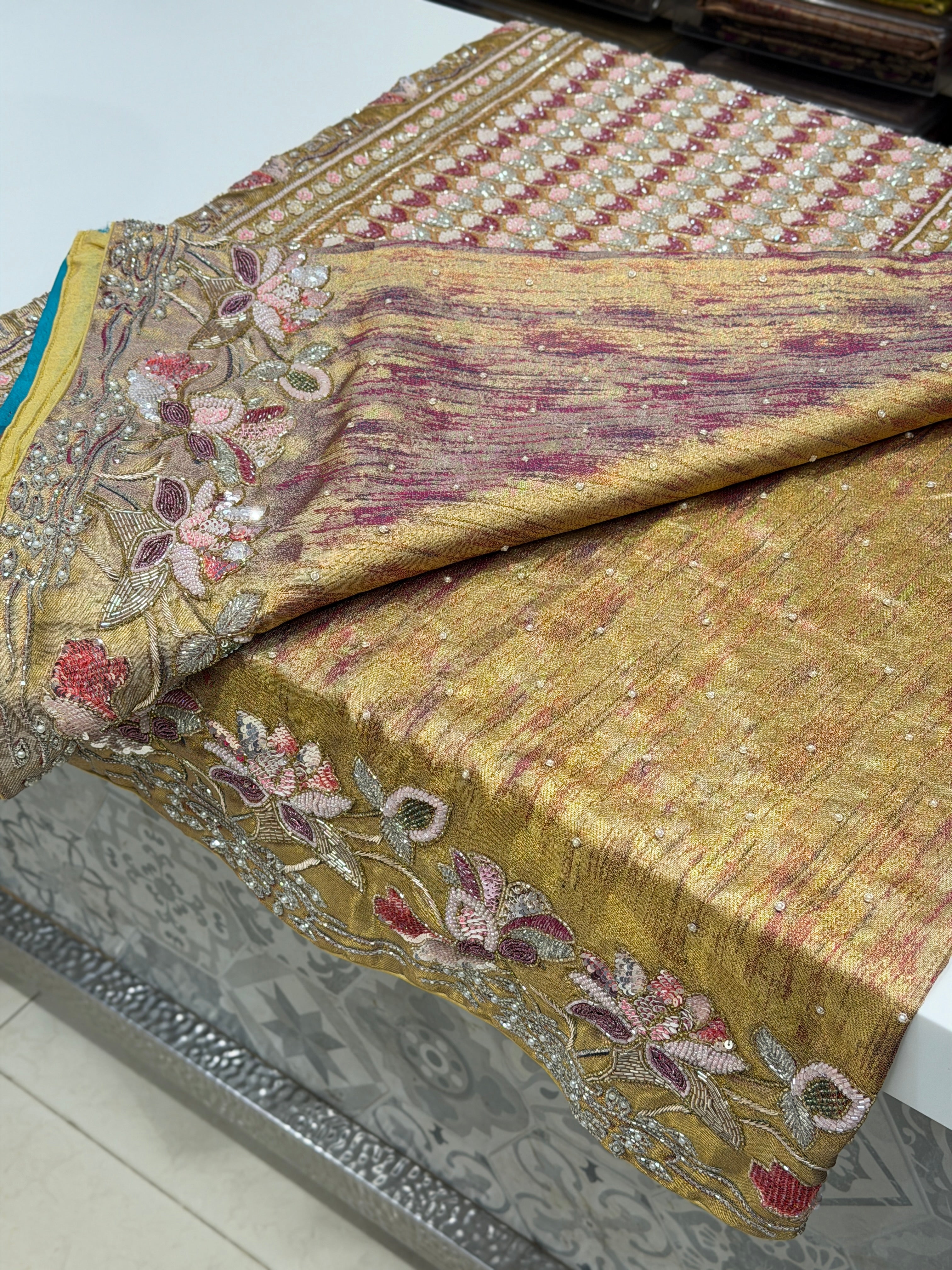 Contemporary Tissue Kanjivaram Moti Zardosi Hand Embroidery Saree