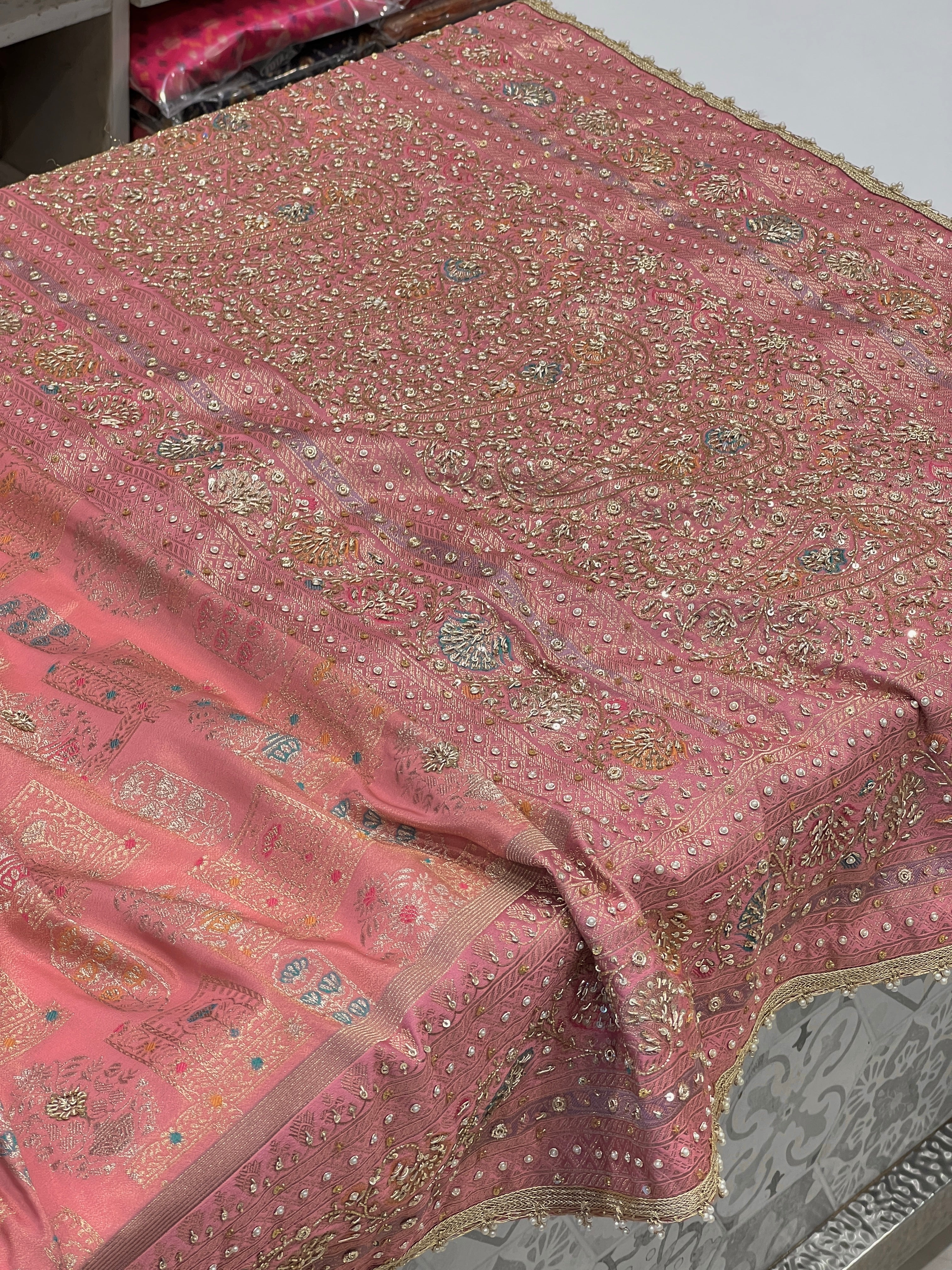 Pink Banarasi Tissue Zardosi Embroidery Saree