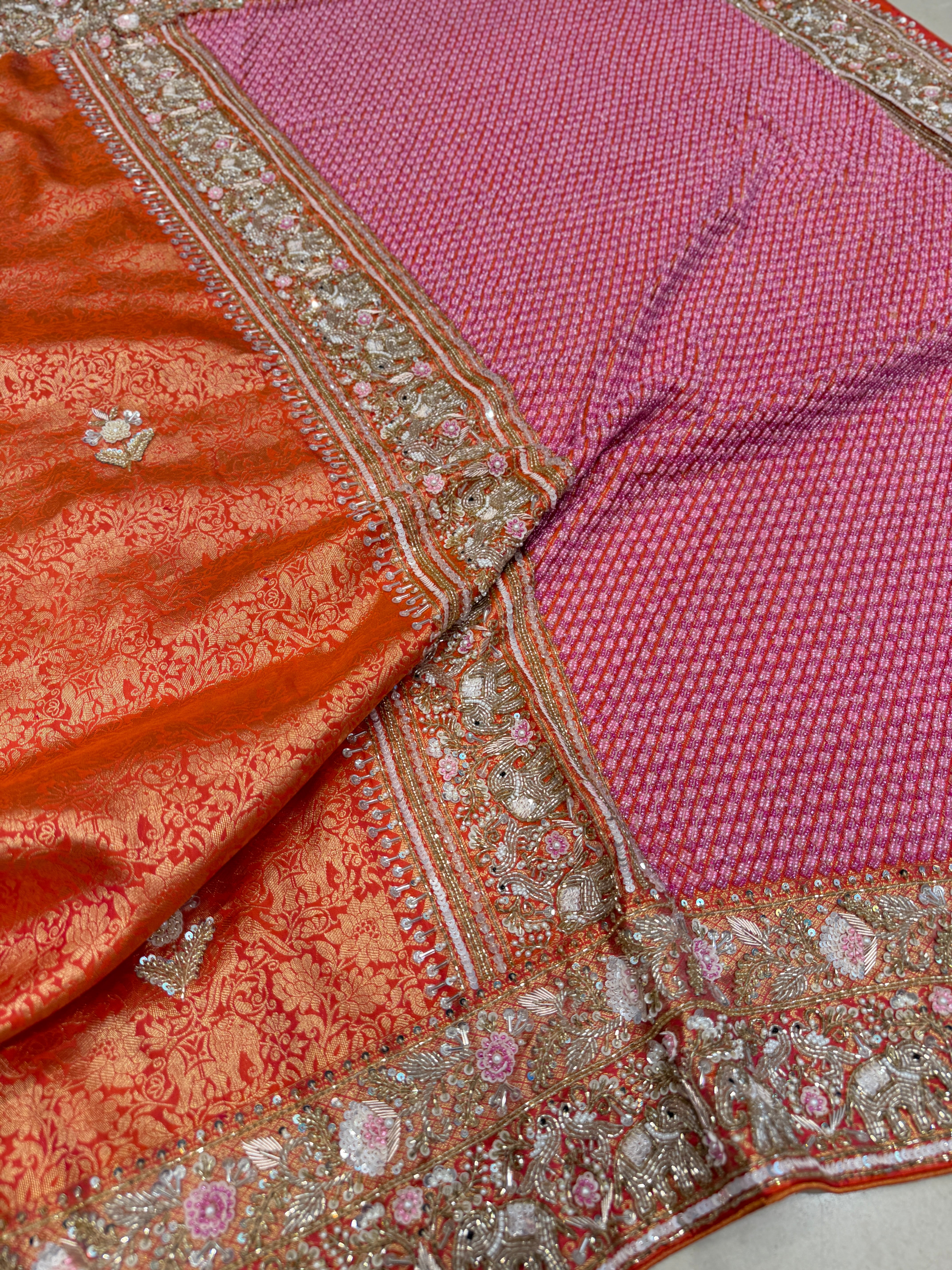 Orange Kanjivaram Elephant Motif Zardosi Moti Hand Embroidery Saree