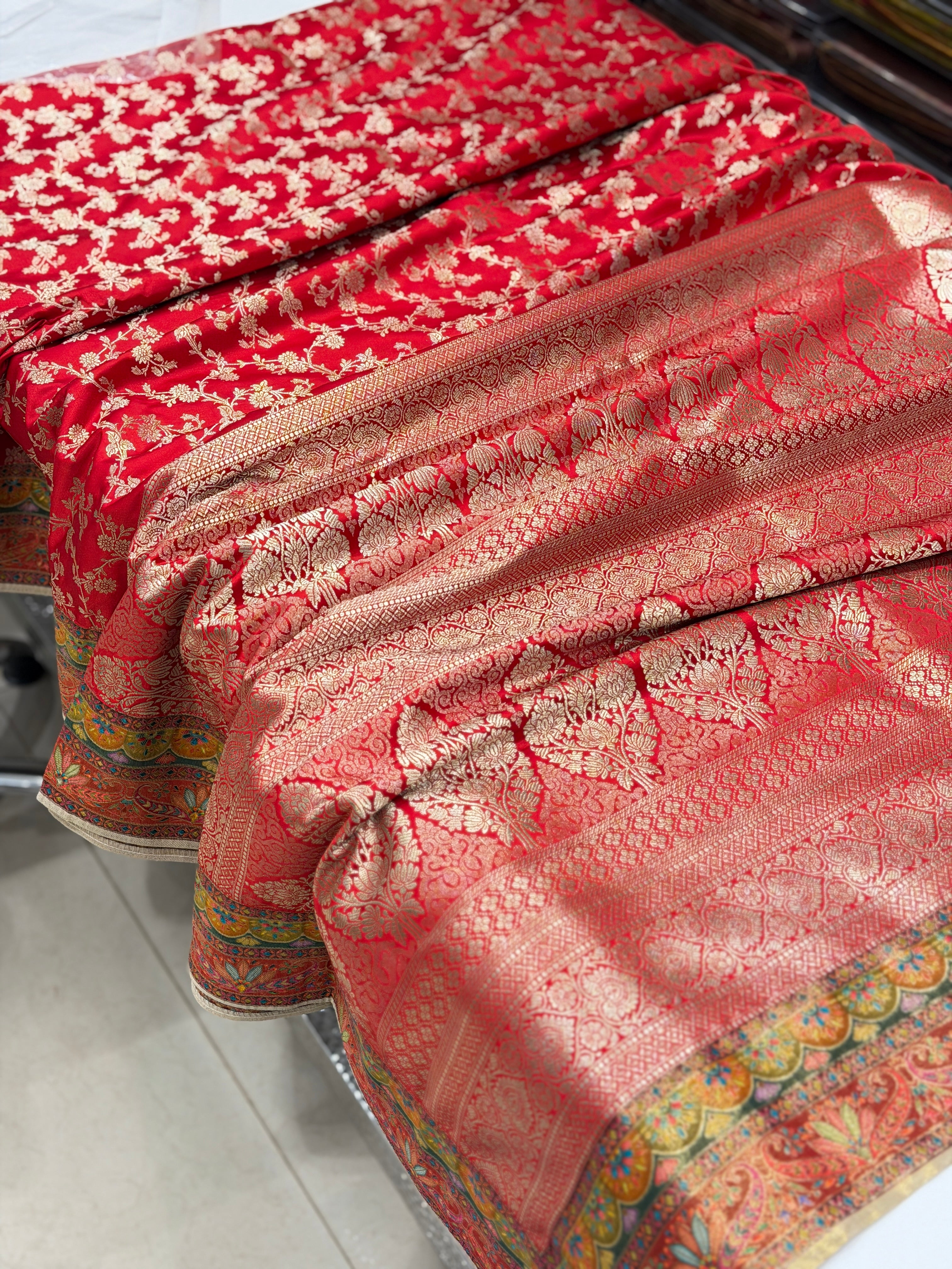 Red Fusion Banarasi Jaal Woven Silk Saree