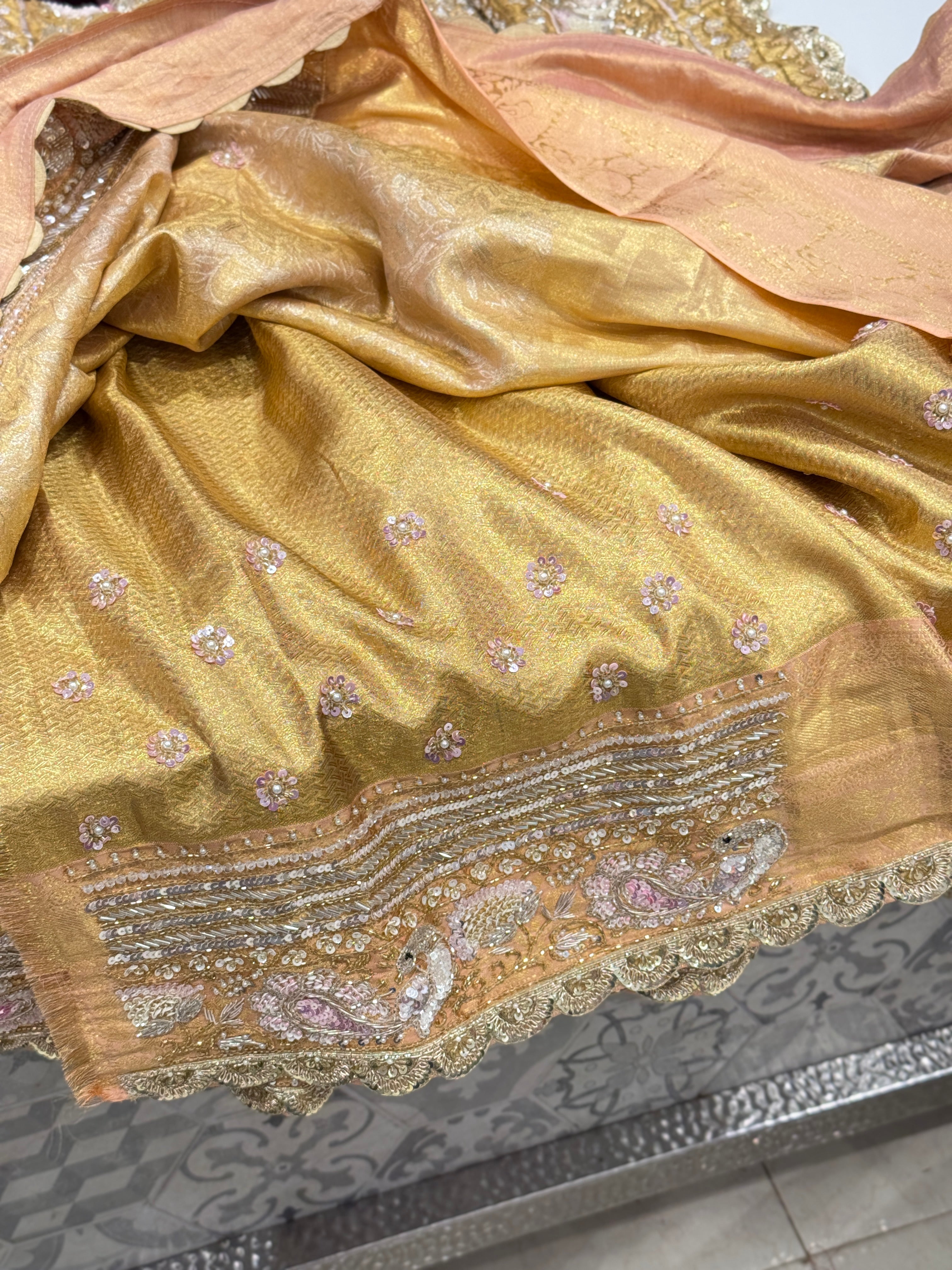 Peach Kanjivaram Motif Hand Embroidery Saree