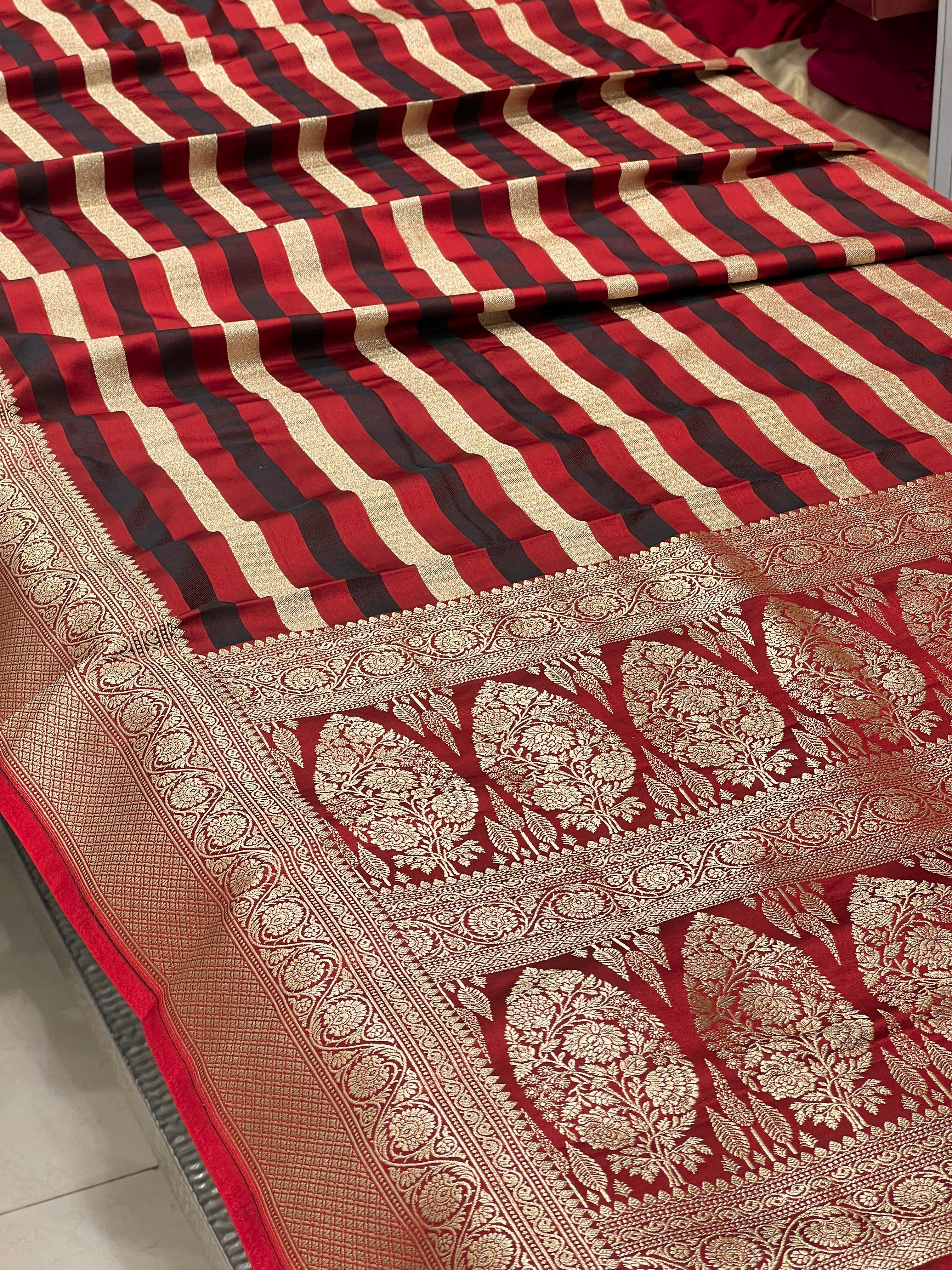 Red Black Banarasi Silk Saree