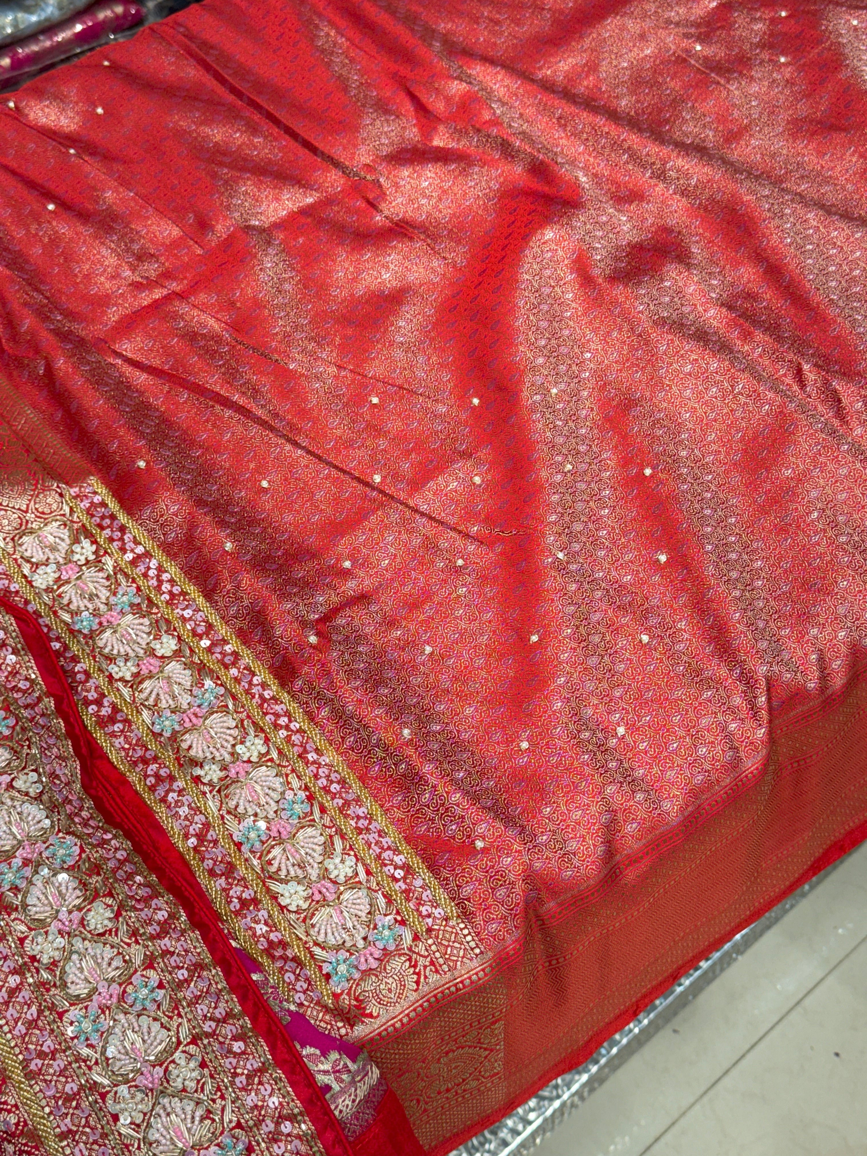 Red Banarasi Silk Heart Border Fancy Hand Embroidery Saree