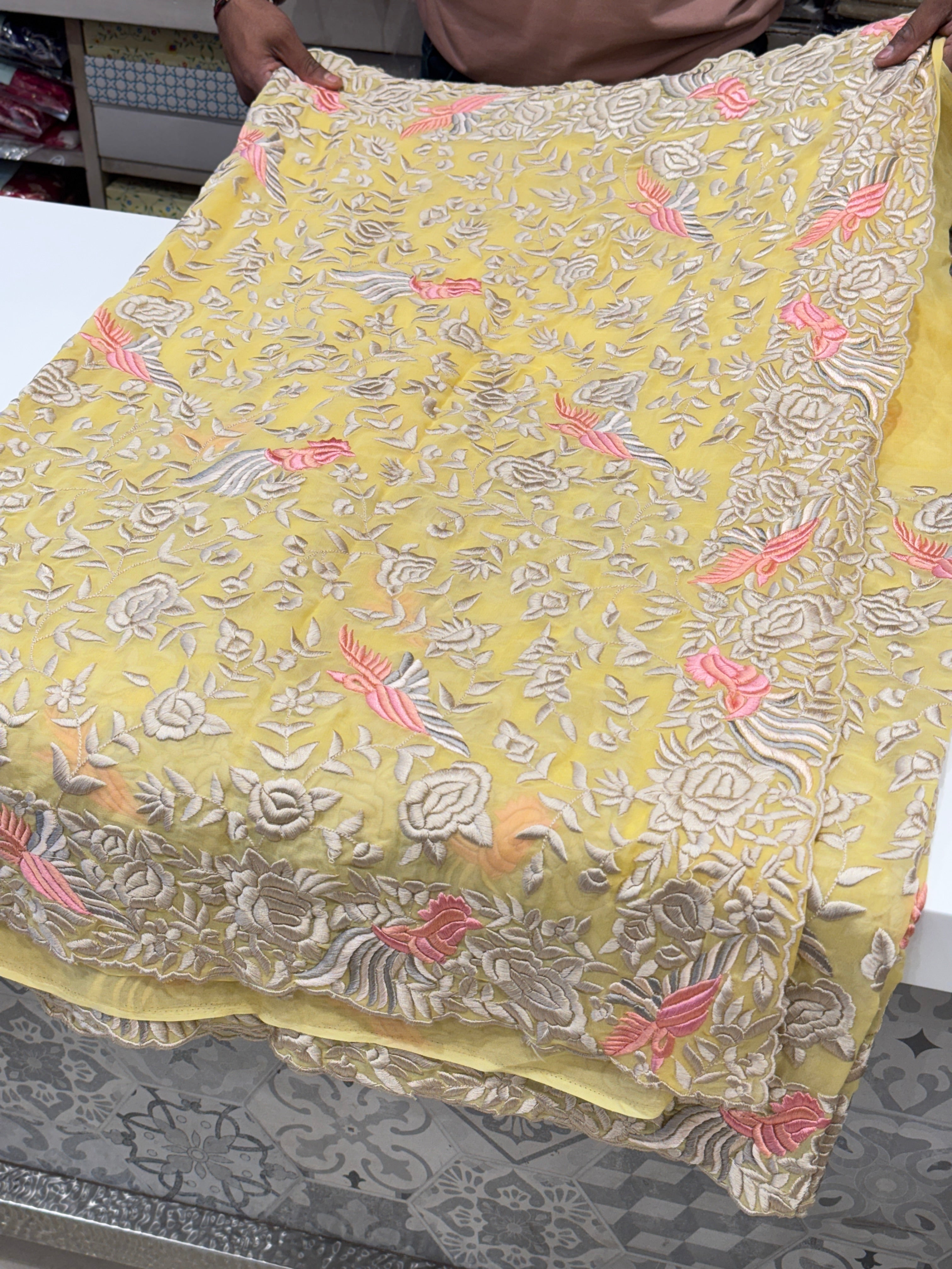 Yellow Multi Colour Parsi Gara Saree