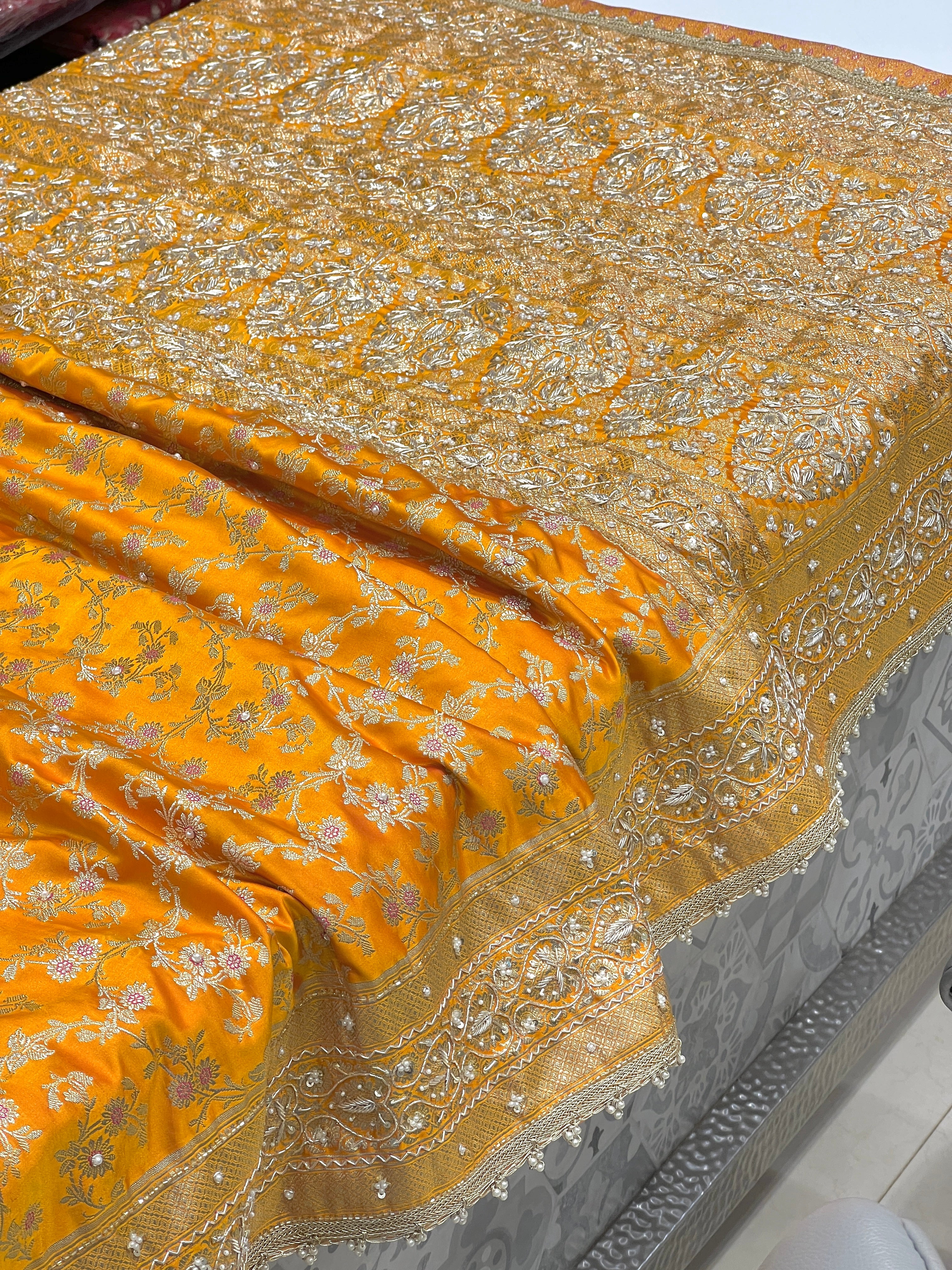 Mango Yellow Banarasi Hand Embroidery Saree