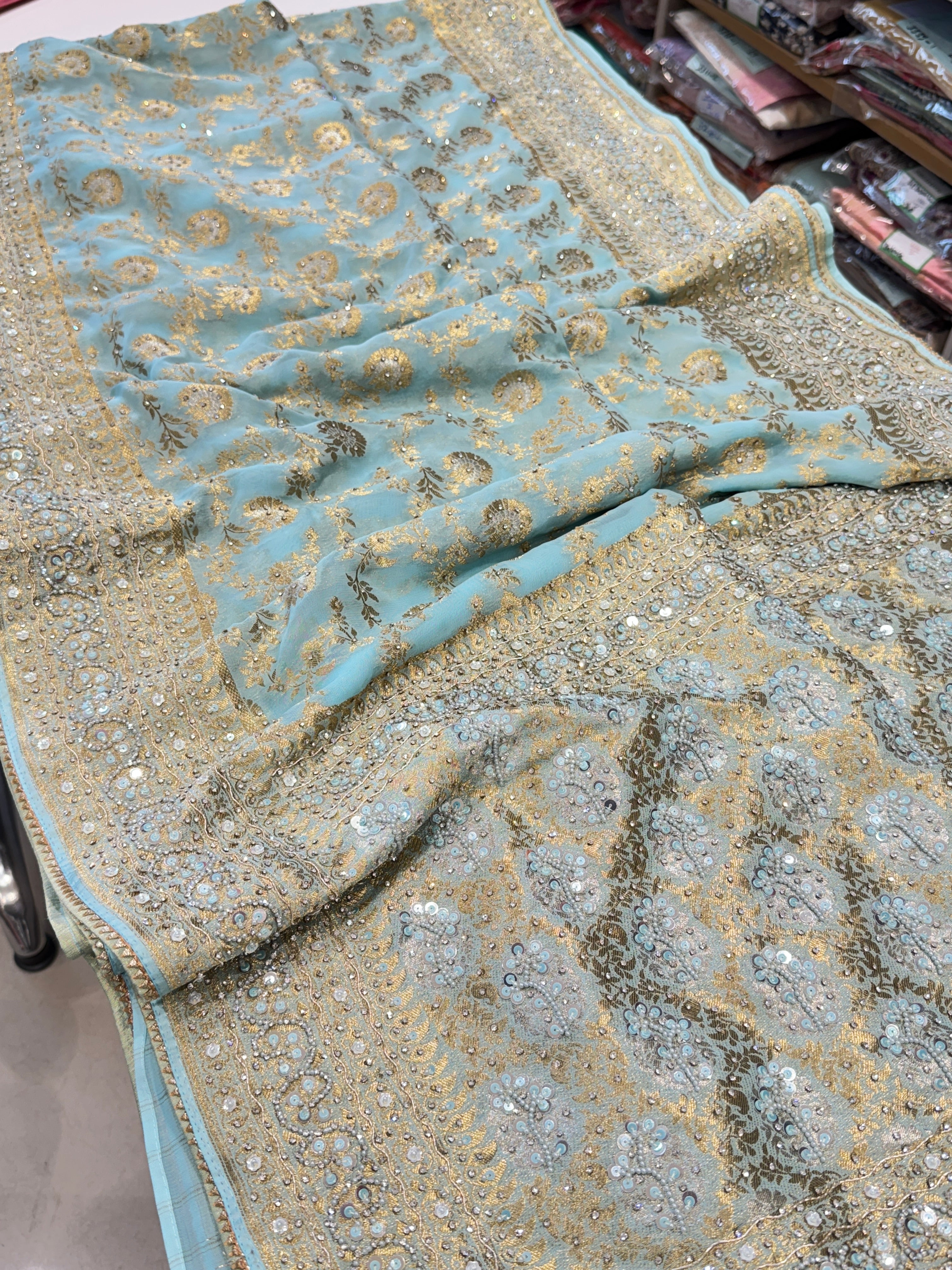 Light Blue Banarasi Khaddi Georgette Hand Embroidery Saree