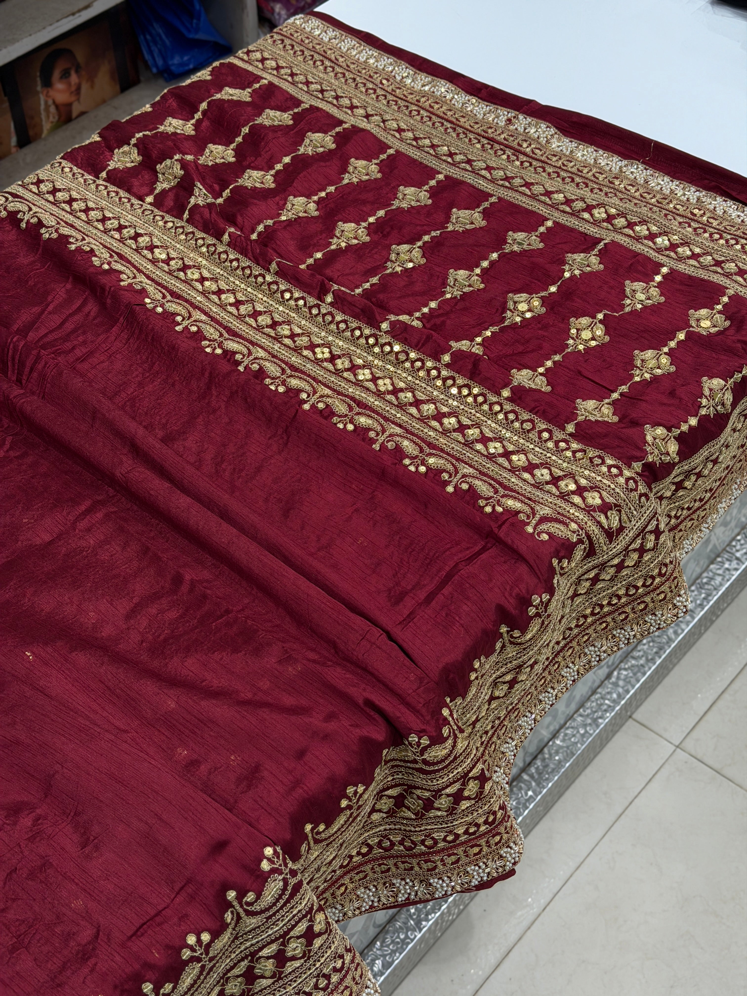 Maroon Pure Silk Sabyasachi Inspired Marodi Sequin Jaal Pallu Saree