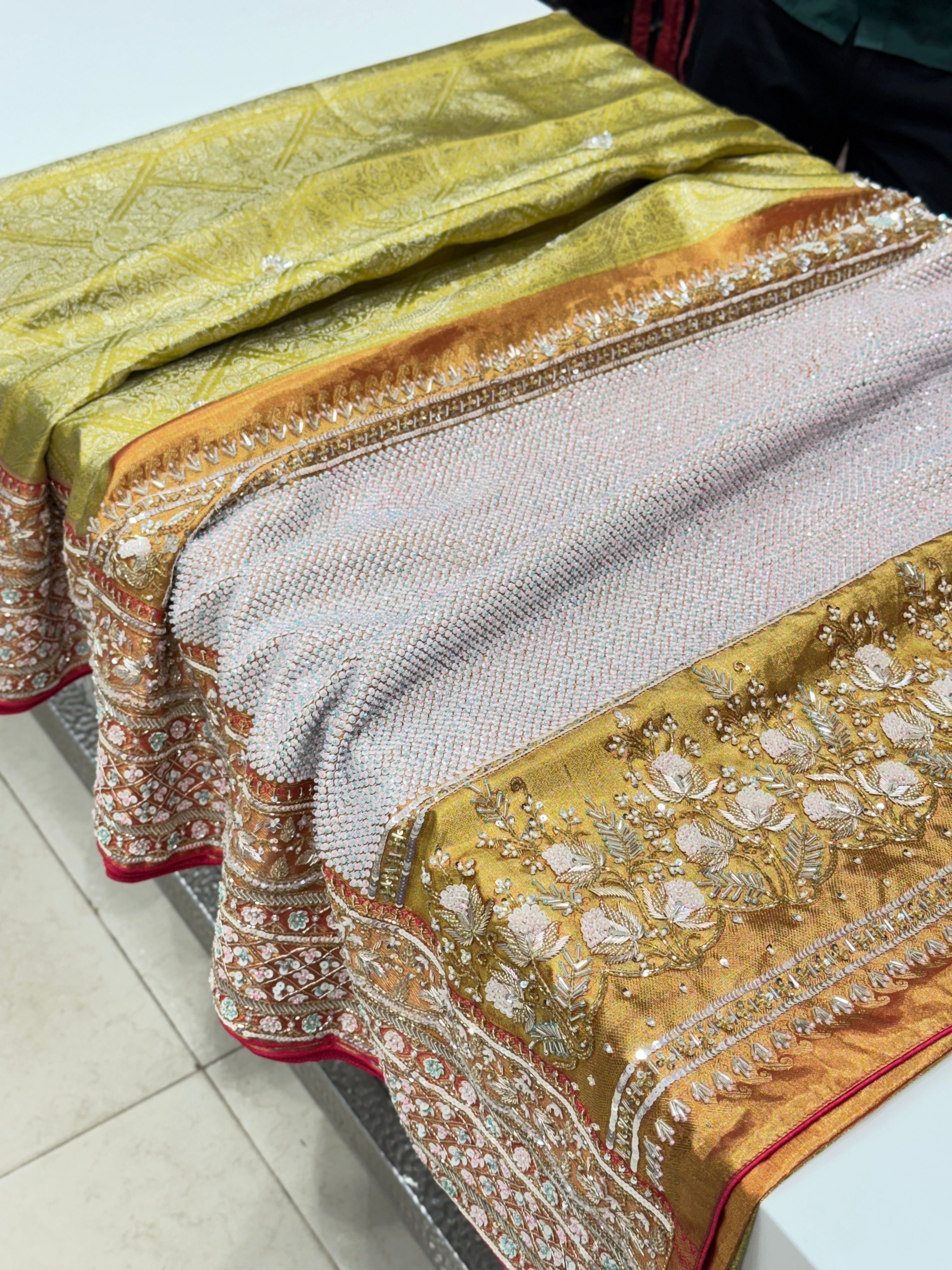 Pista Green Rani Tissue Kanjivaram Hand Embroidery Saree