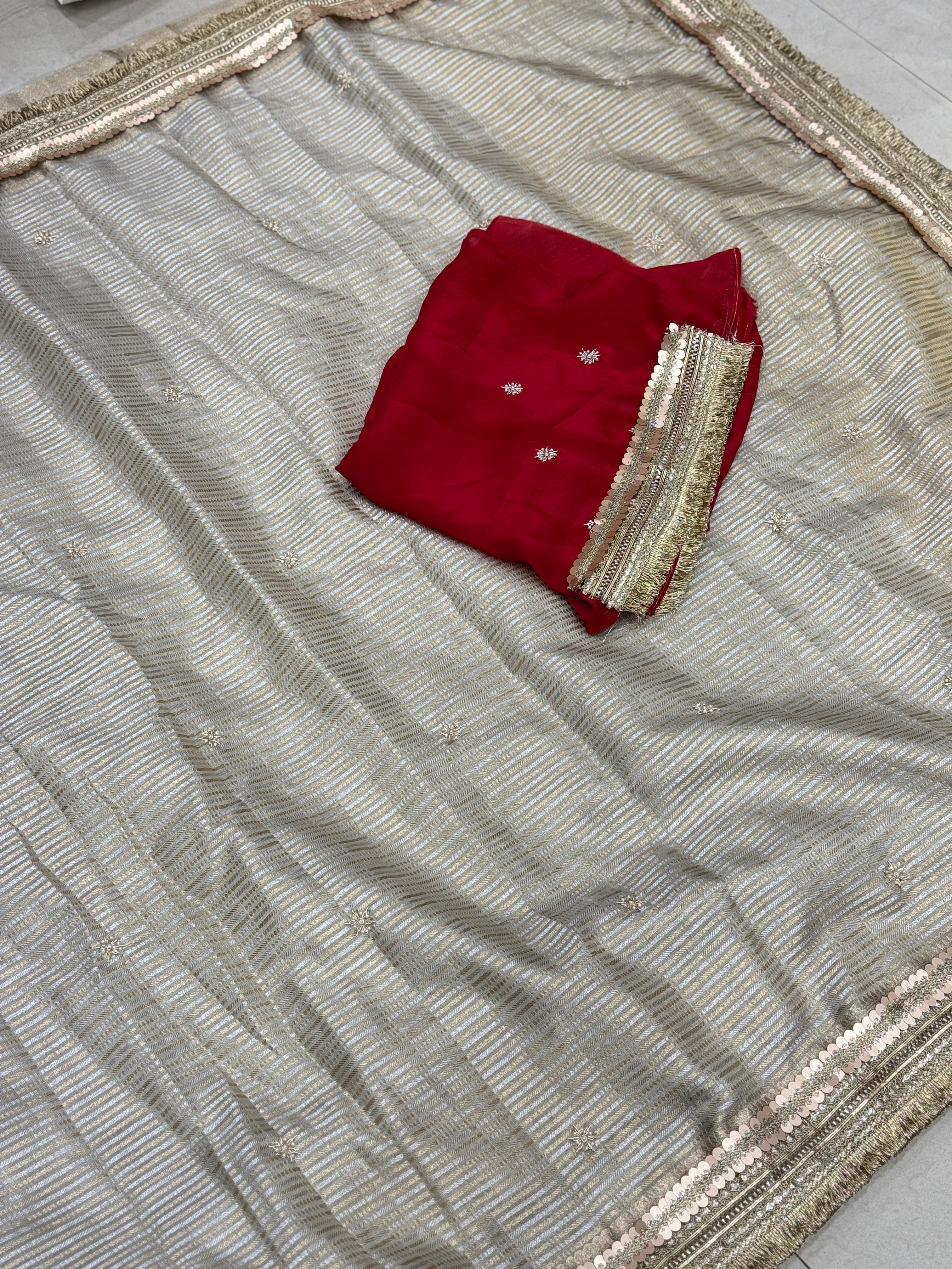 Tissue Sitara Buttis Contrast Blouse Hand Embroidery Saree