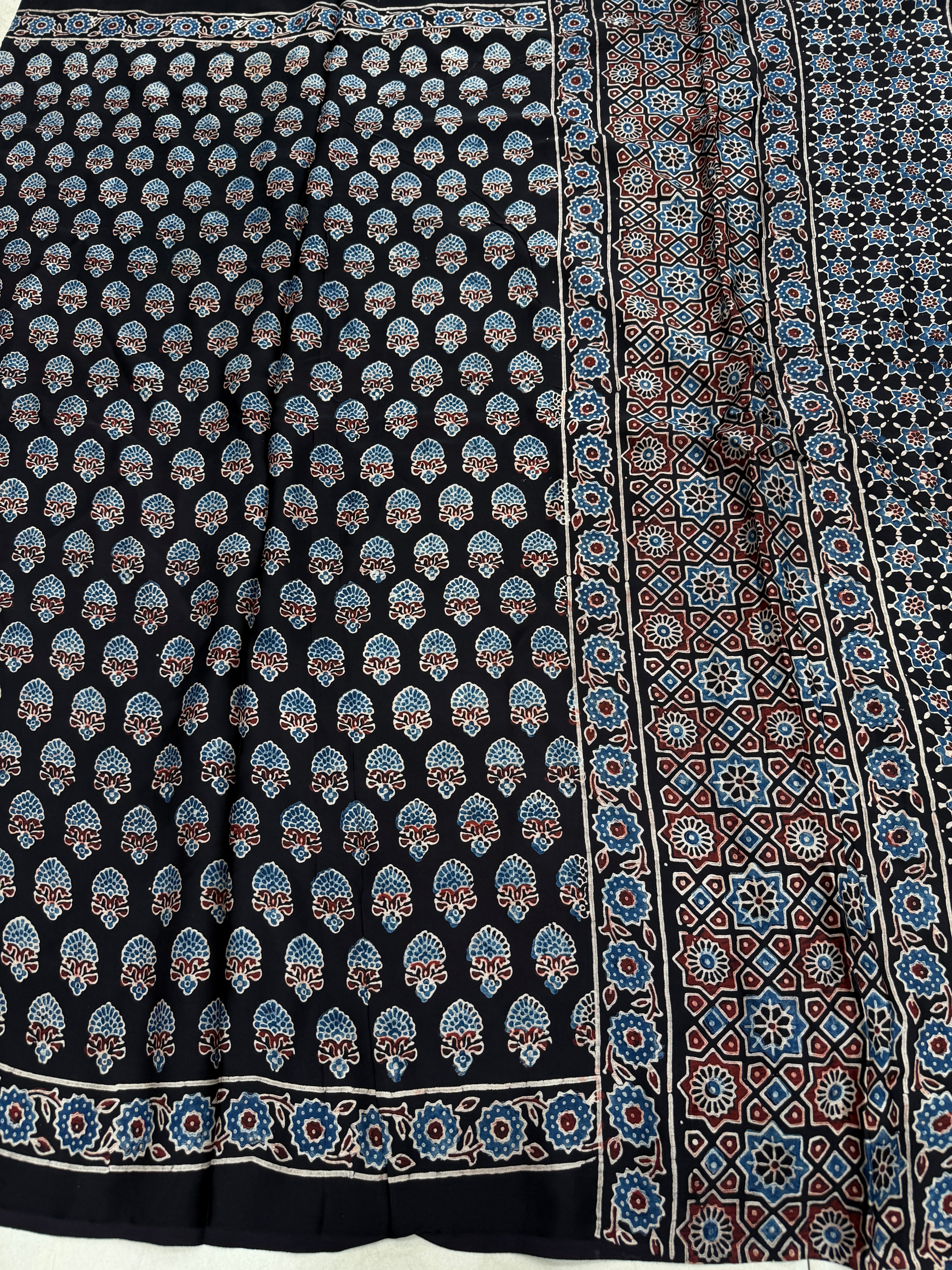 Black Keri Buttis Ajrakh Hand Block Print Pure Gajji Silk Saree