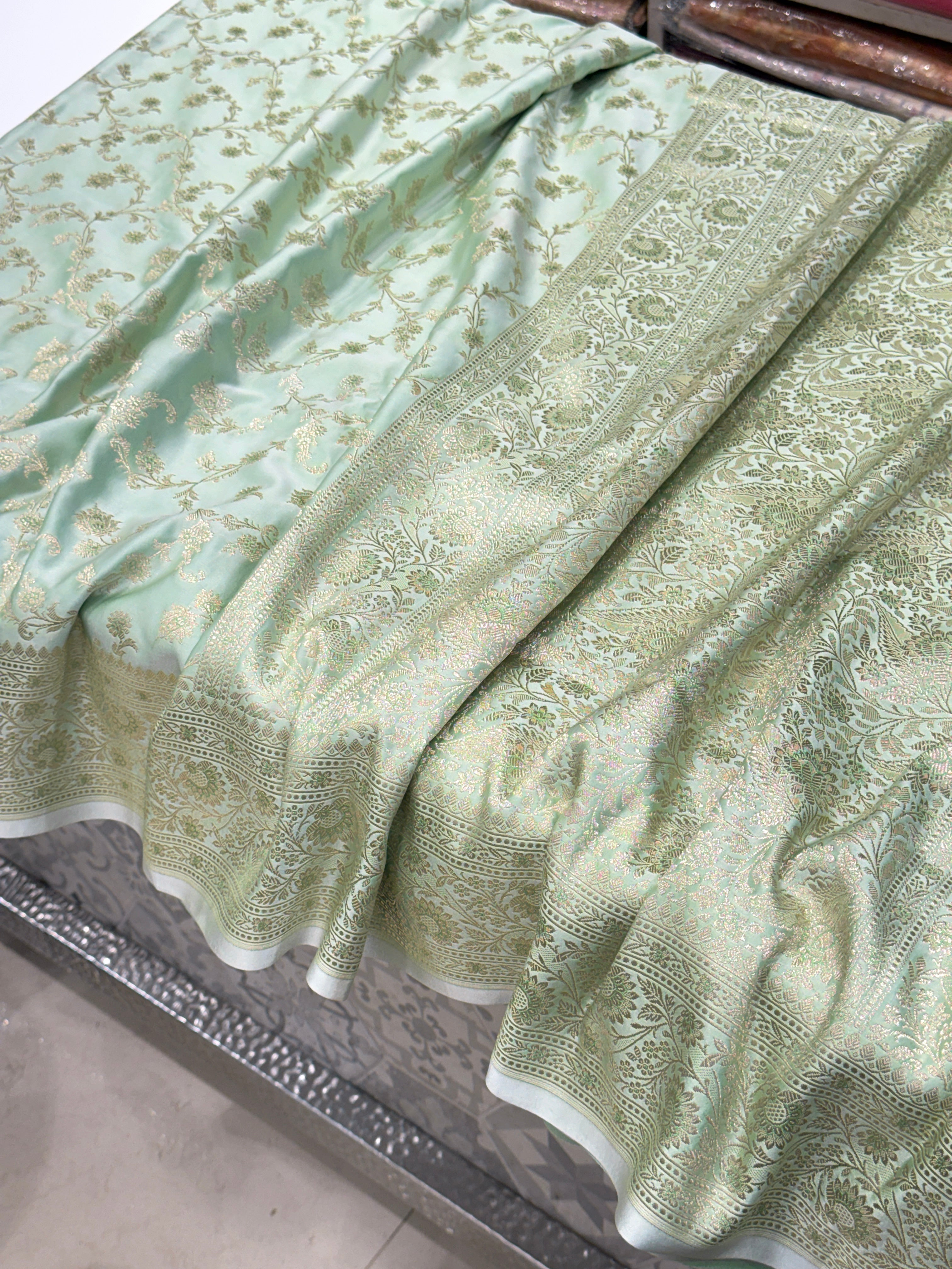 Pista Green Banarasi Silk Upside Down Border Saree