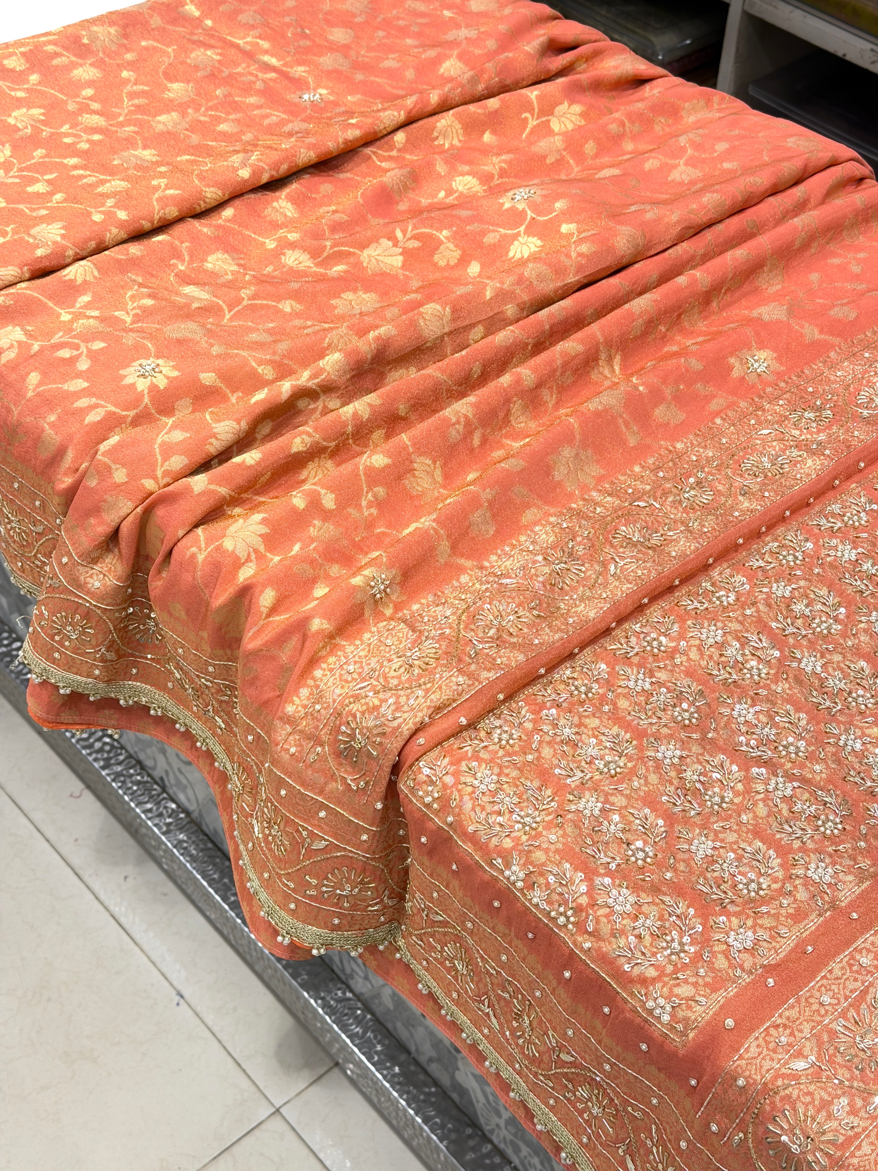 Rust Crepe Tissue Banarasi Weaved Zardosi Hand Embroidery Saree