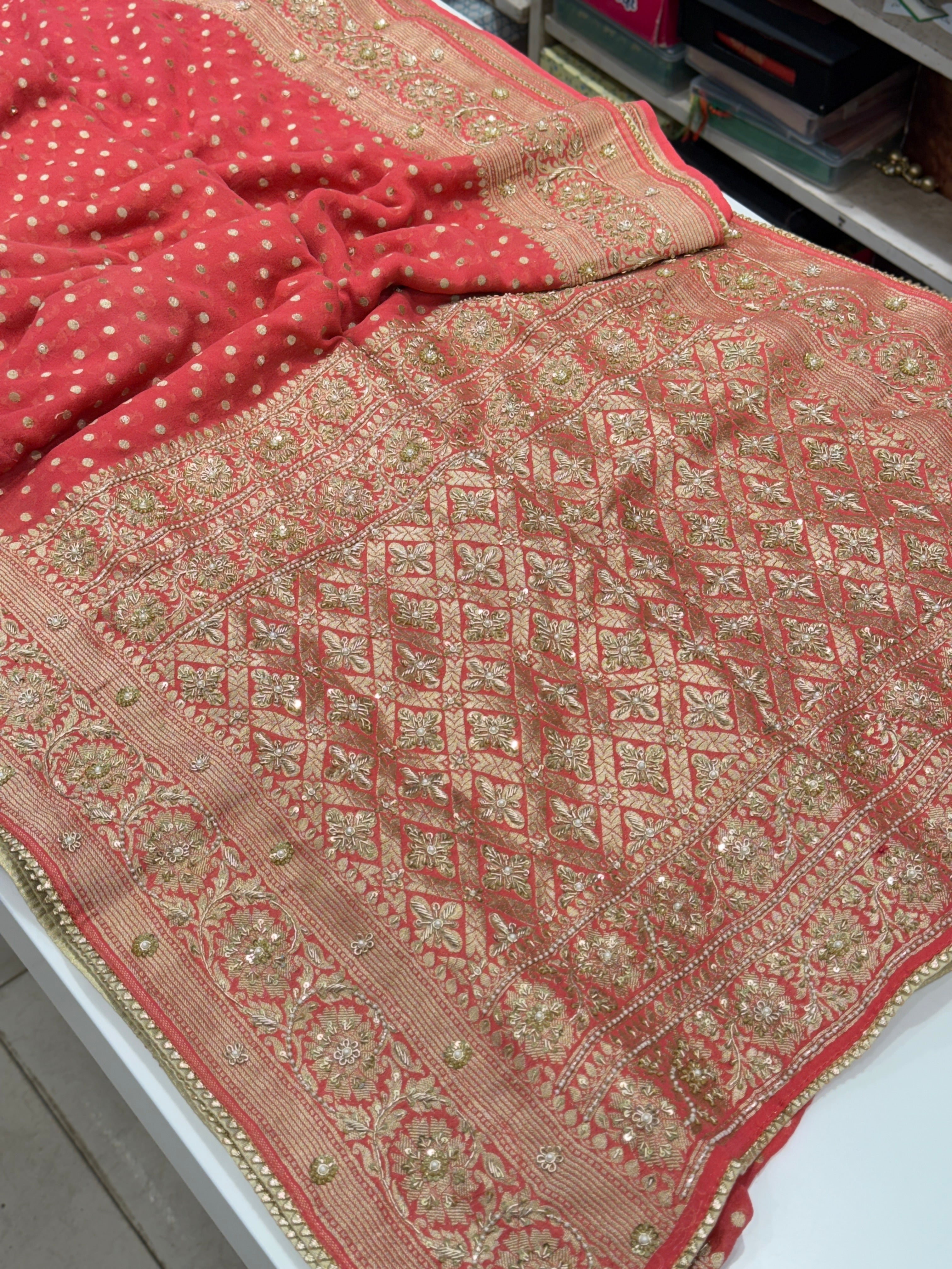 Peach Banarasi Khaddi Georgette Zardosi Embroidery Saree