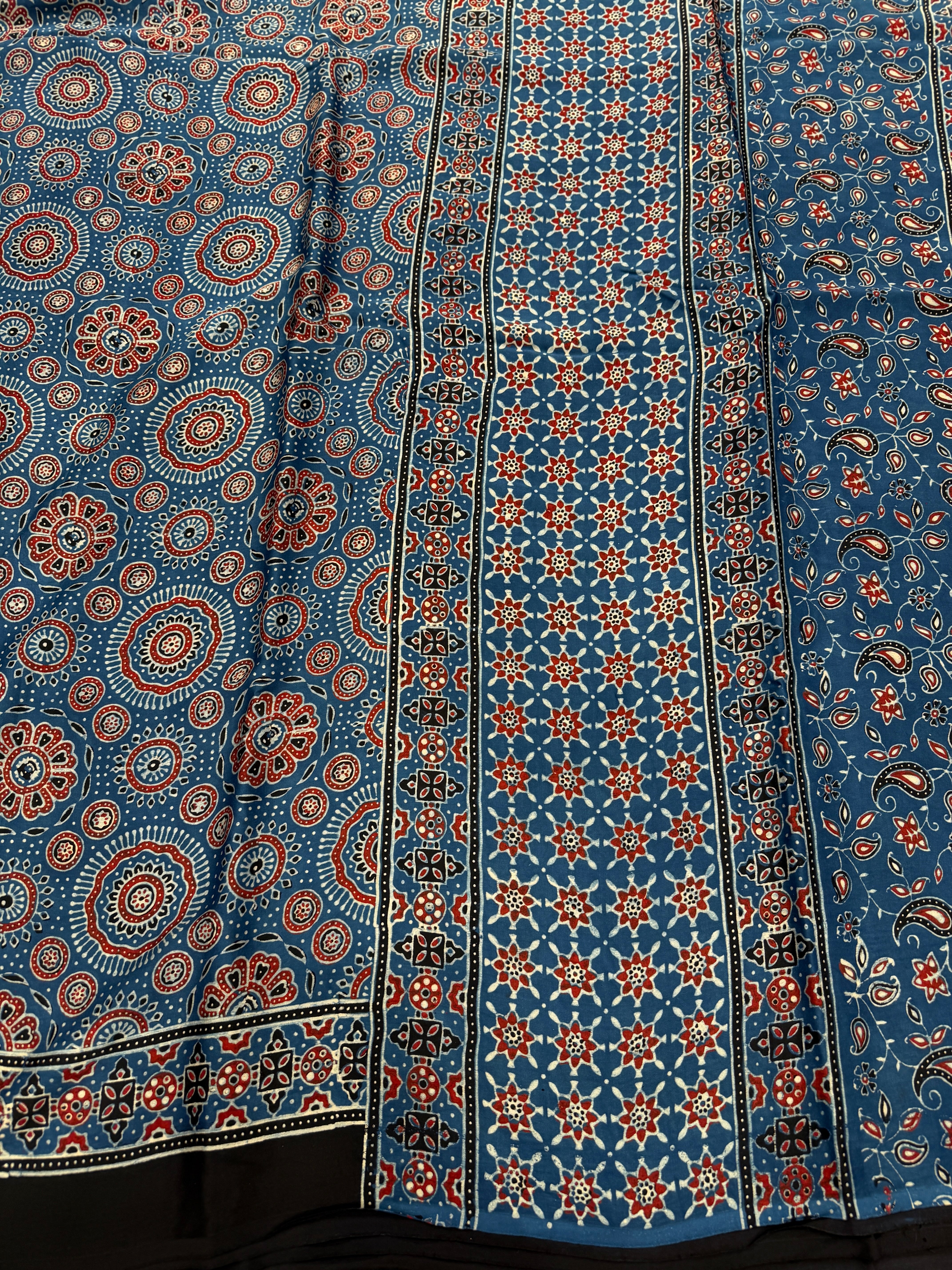 Blue Circles Ajrakh Hand Block Print Pure Modal Silk Saree