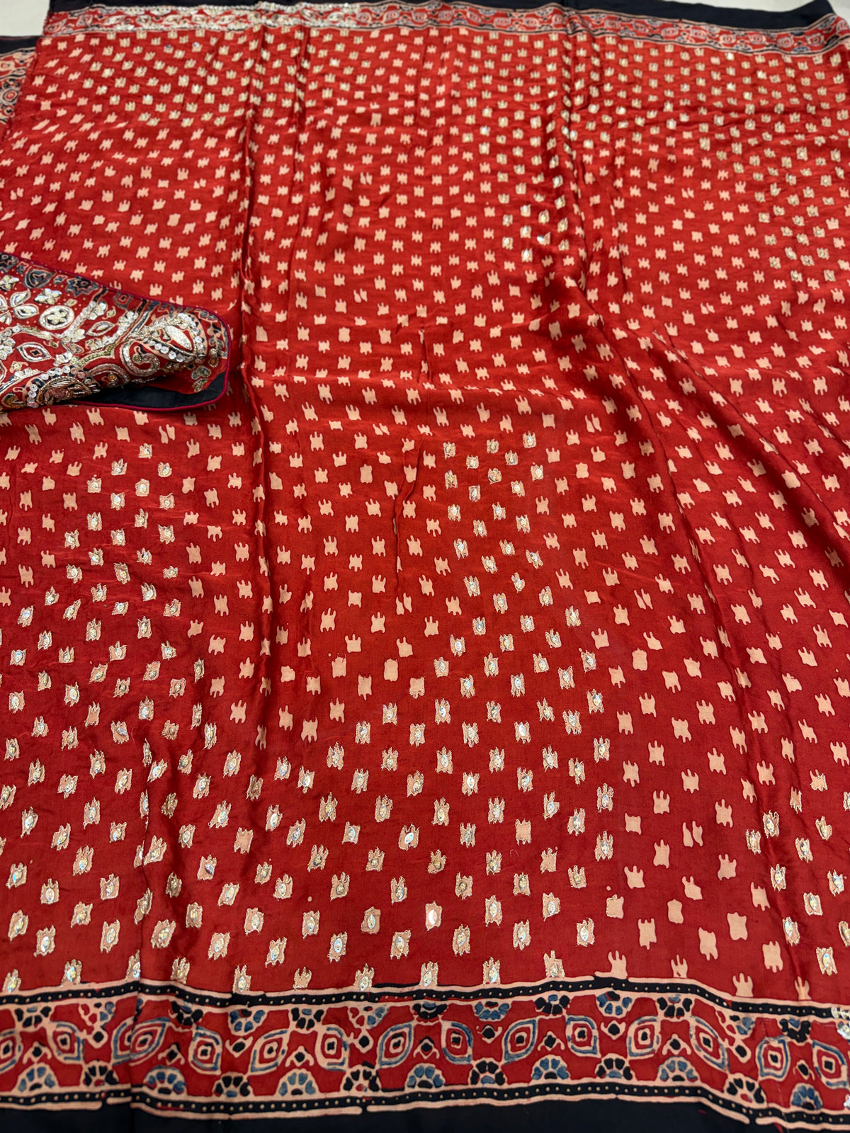 Red Badam Jaal Pita Zardosi Sequin Ajrakh Hand Embroidery Saree