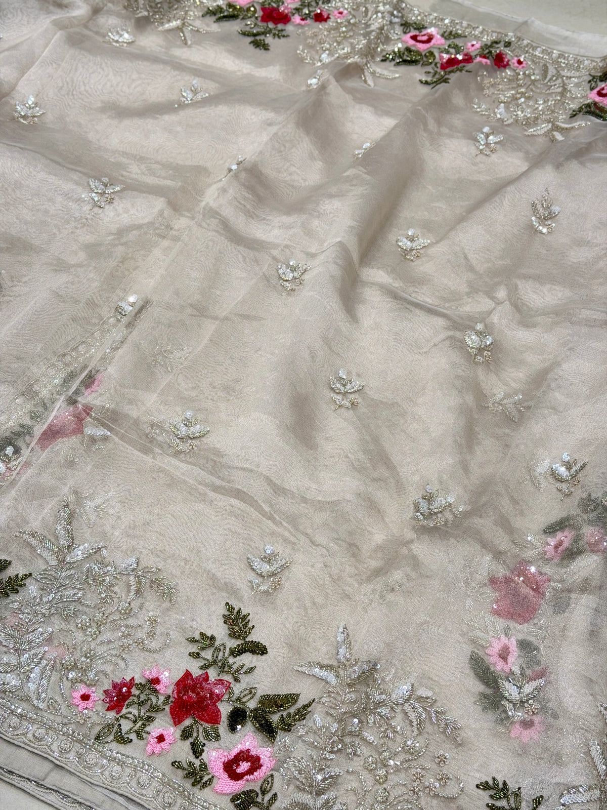 Silver Pure Tissue Silk Sequin Zardosi Three D Hand Embroidery Floral Border Saree