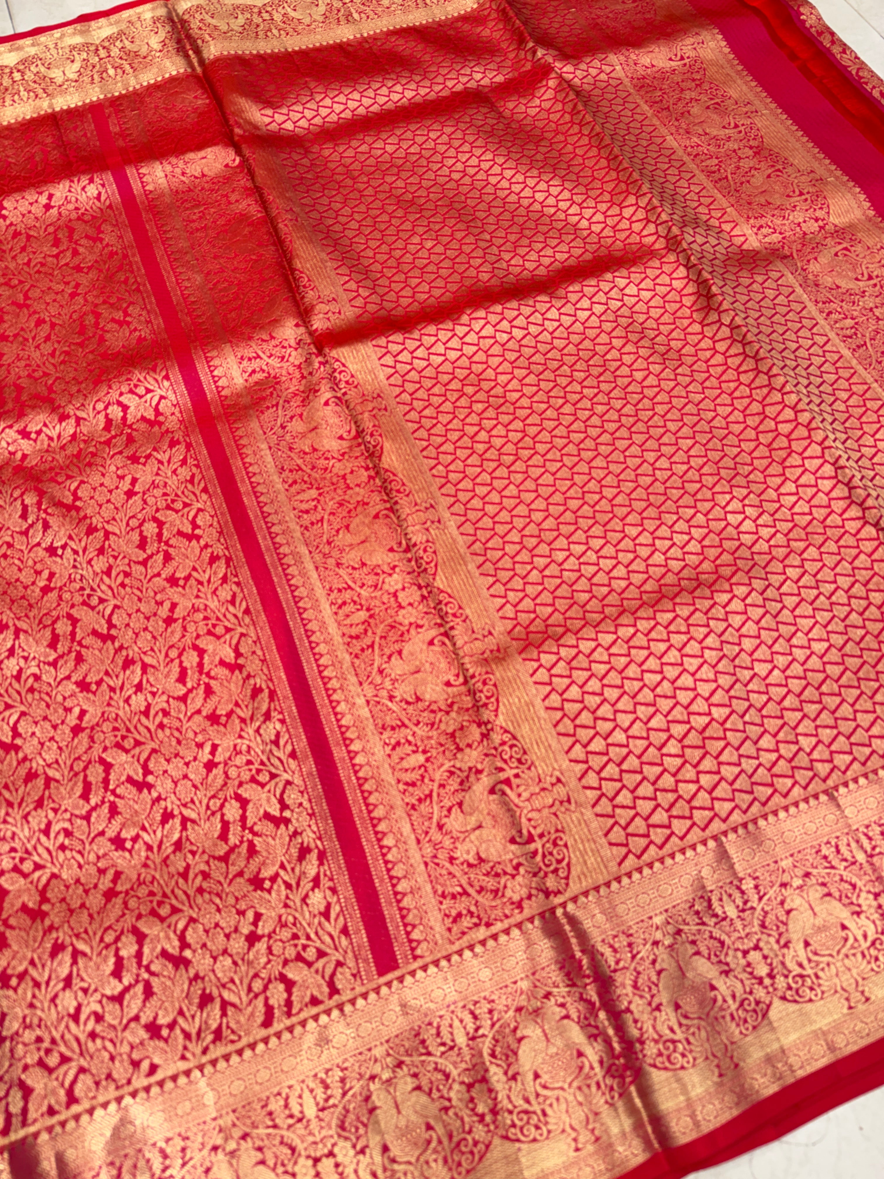 Cross Red Pure Silk Parrot Motifs Kanjivaram Saree