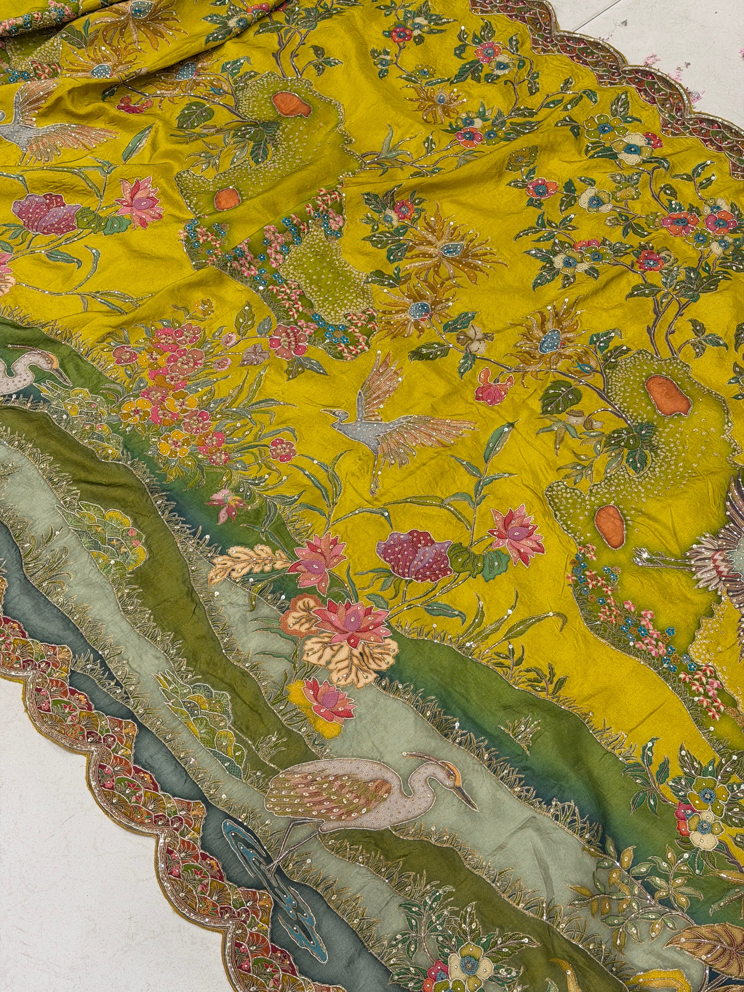 Yellow Munga Canvas Hand Embroidery Saree