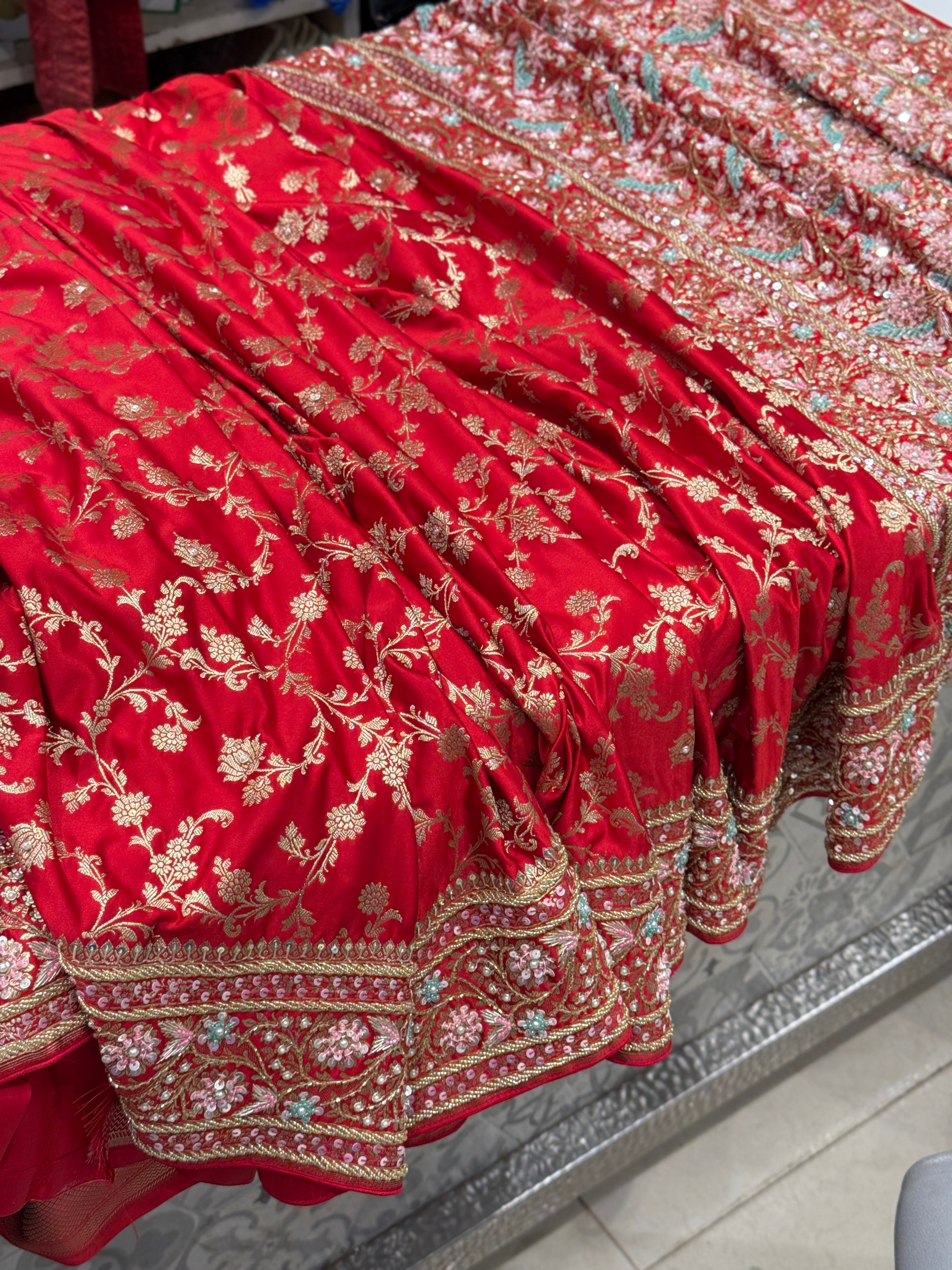 Red Banarasi Upside Down Border Fancy Hand Embroidery Saree