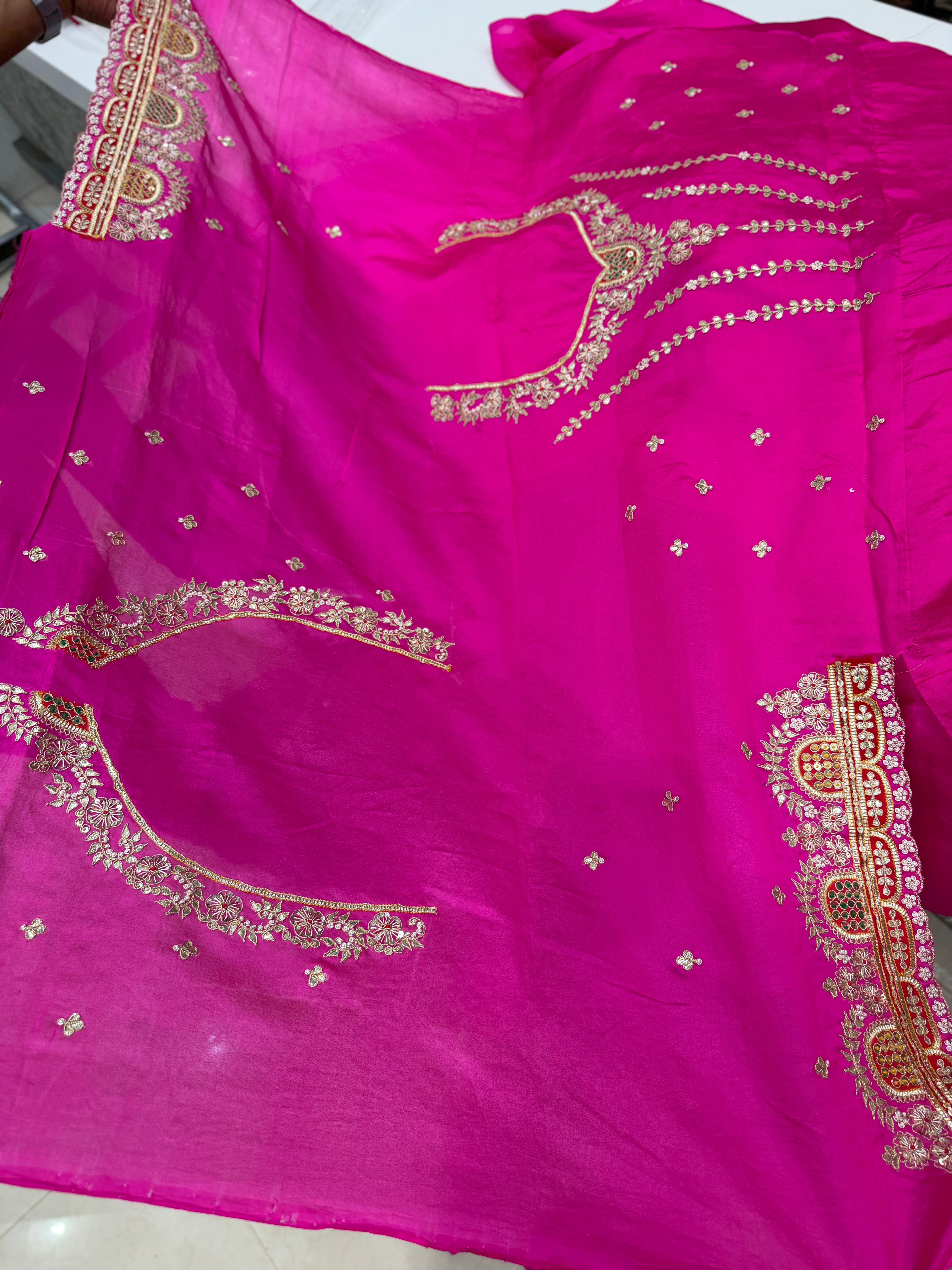 Rani Pink Pure Silk Bandhej Marodi Hand Embroidery Saree
