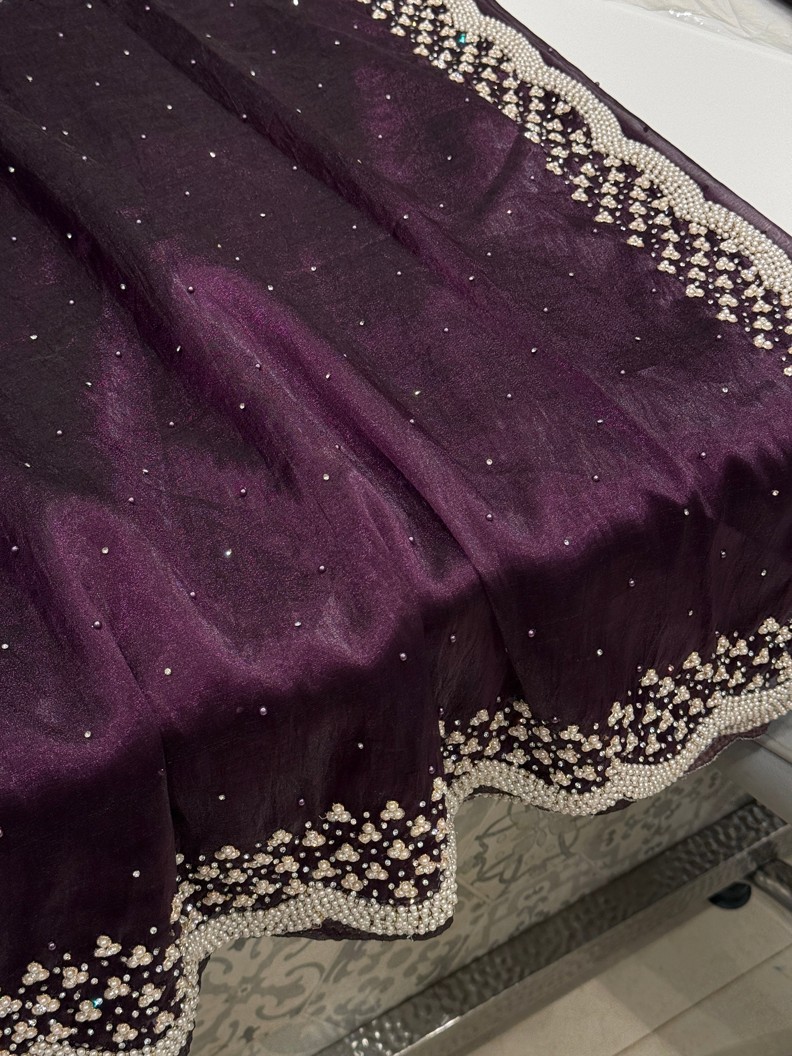 Violet Tissue Organza Moti Embroidery Saree