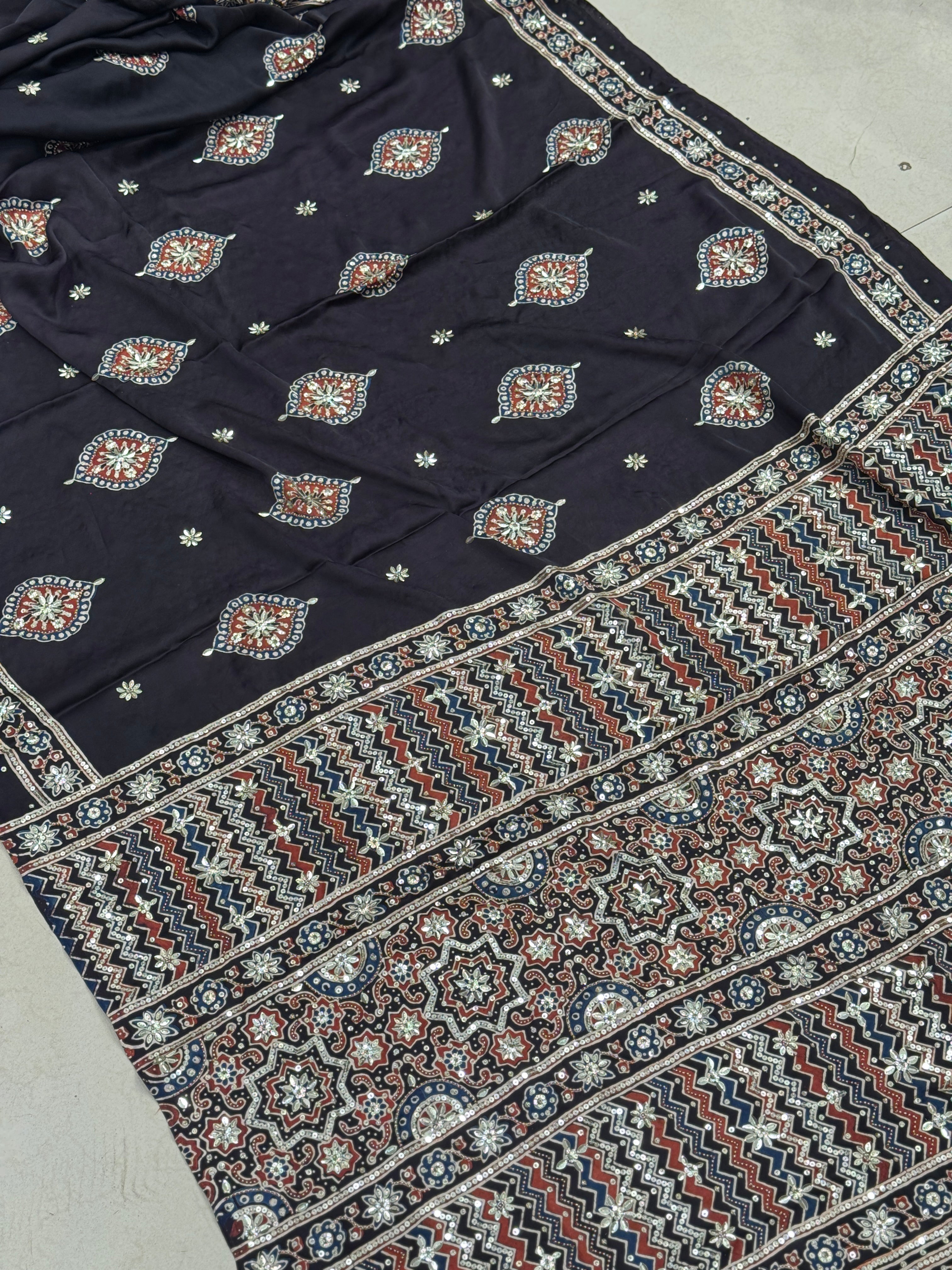 Black Ajrakh Badam Butta Moti Sequin Ajrakh Hand Embroidery Saree